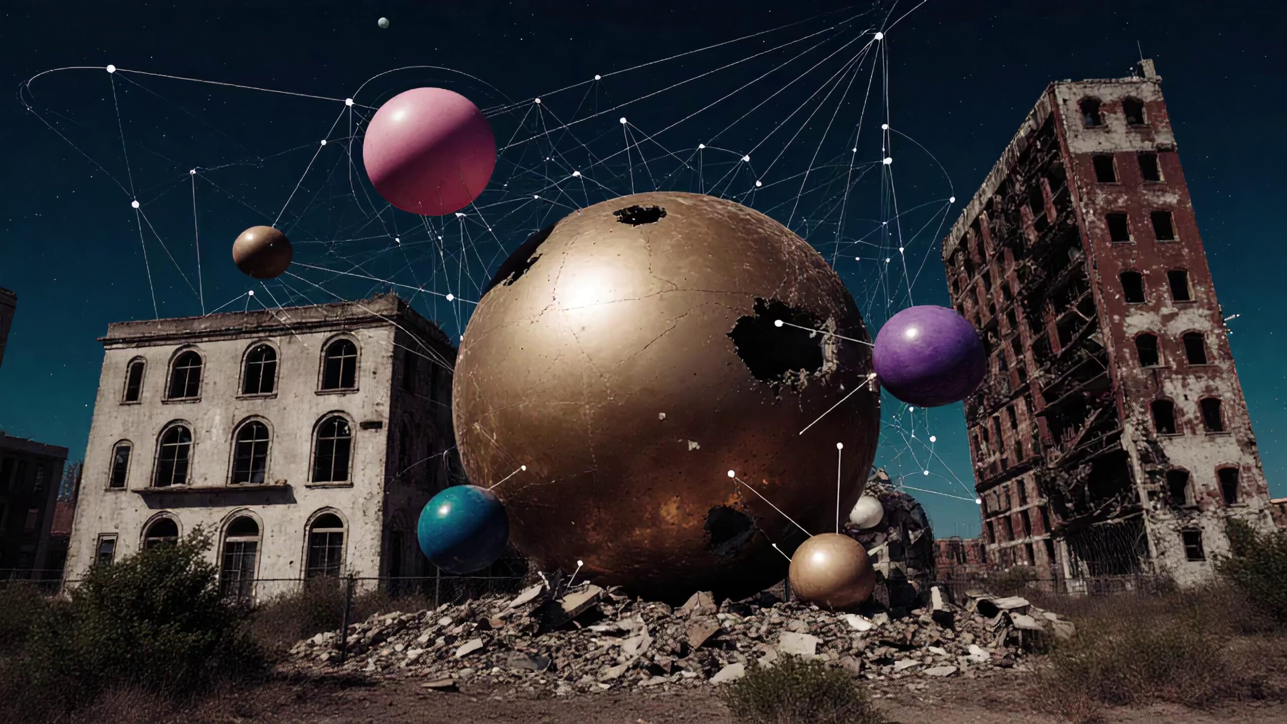 4K video of futuristic planets floating over abandoned cityscape
