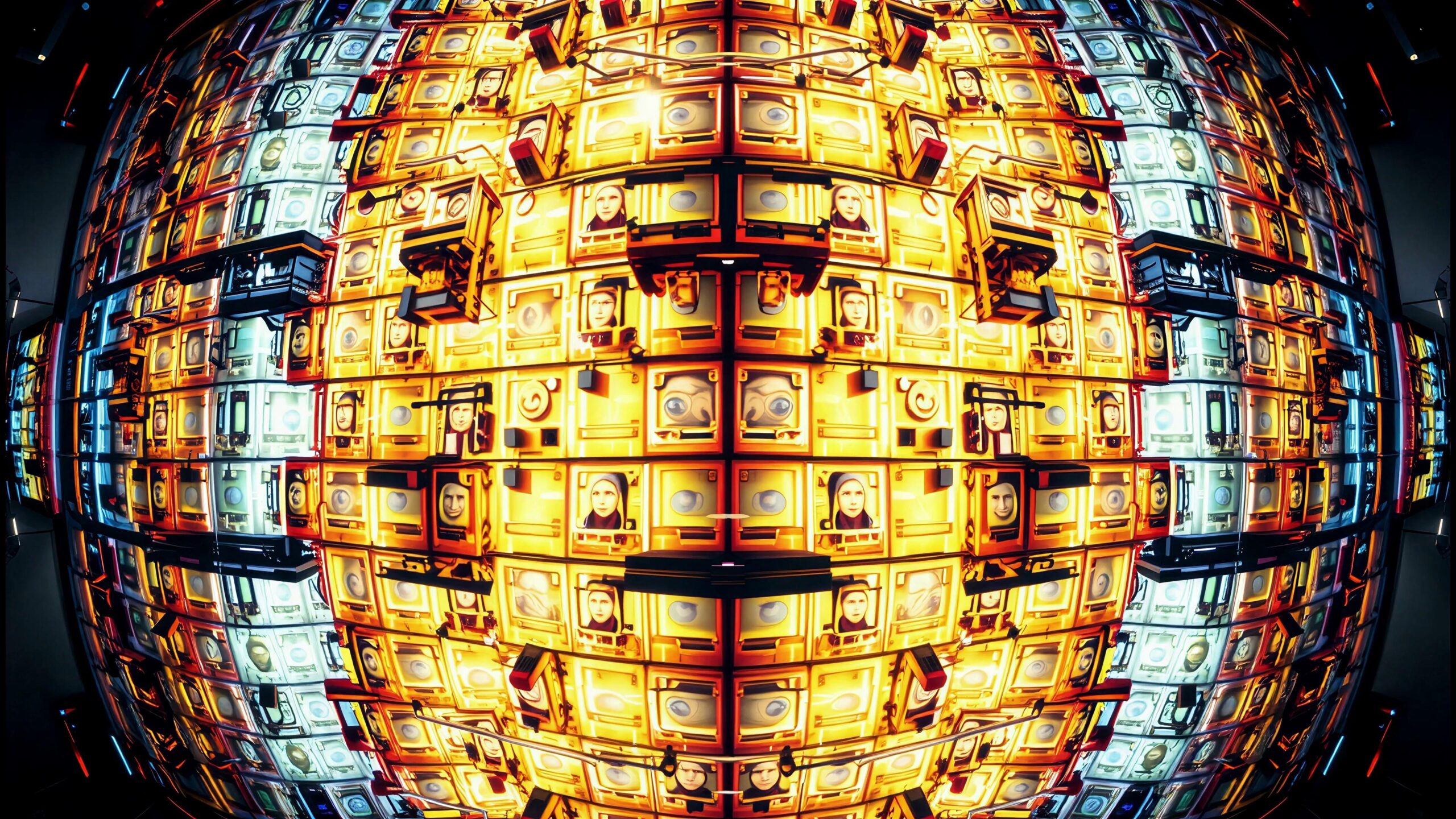 Vintage TVs forming giant spherical display with diverse faces