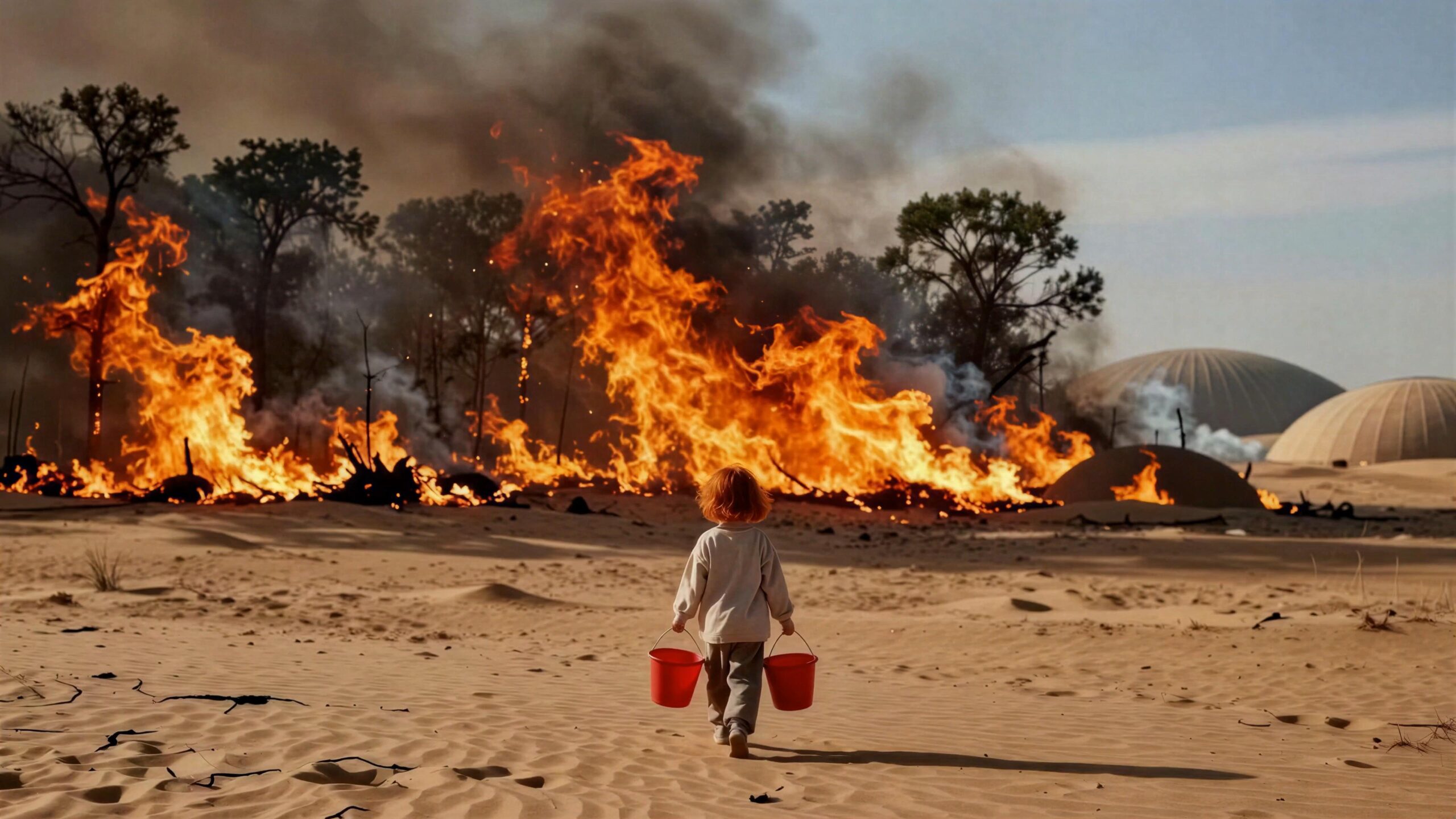 4K video of a young child walking towards a wildfire holding buckets in an arid wasteland.