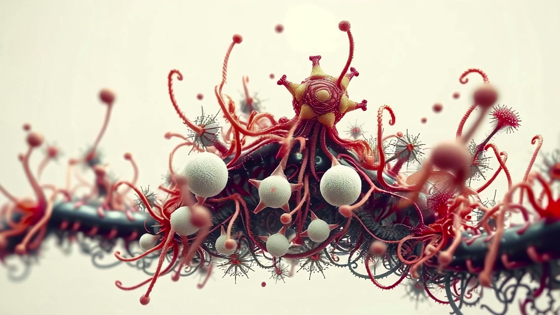 This video sequence showcases intricate, abstract biological forms with flowing tendrils and spherical elements.