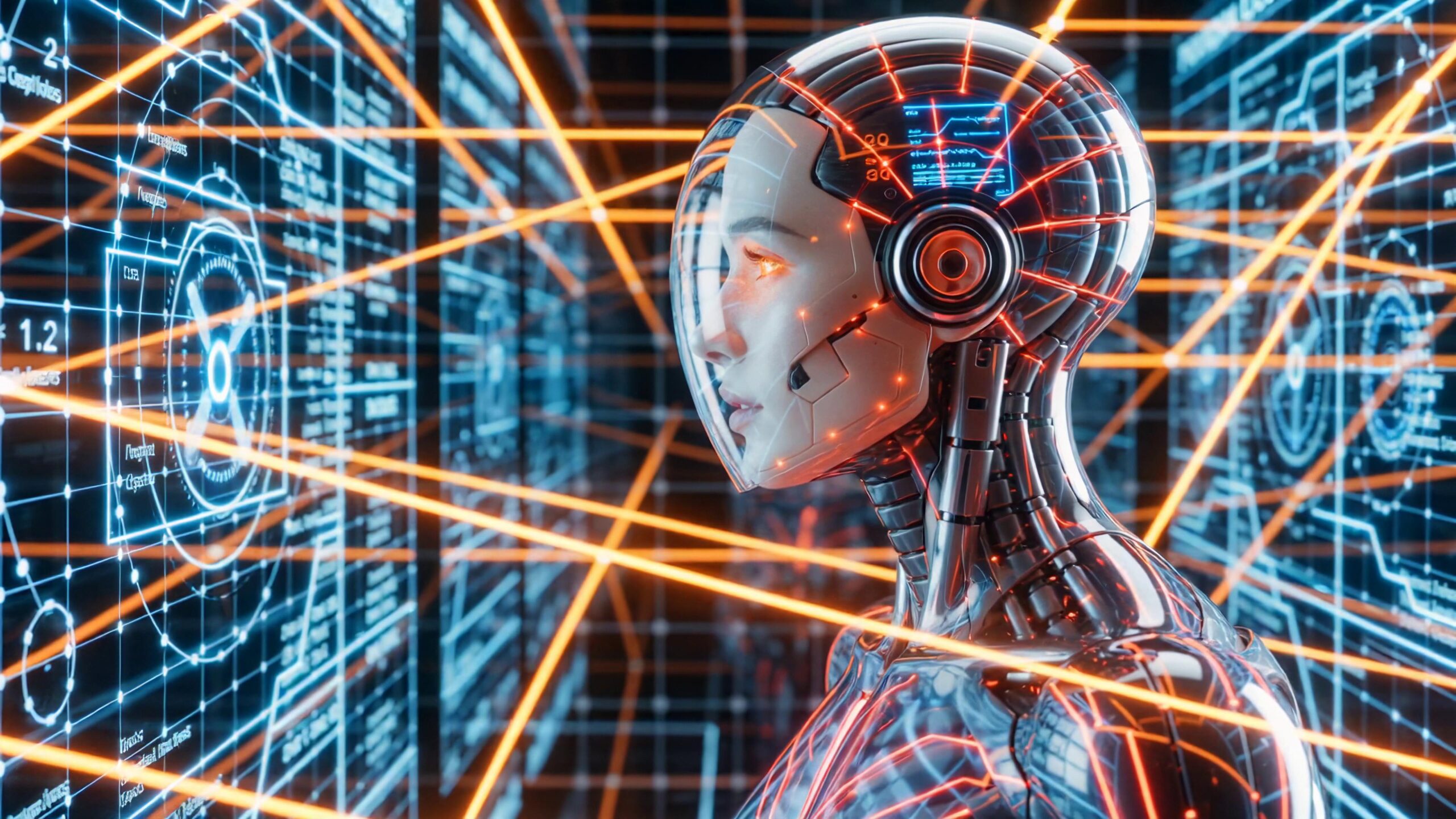 4K video of a futuristic humanoid robot in a high-tech environment surrounded by digital interfaces and bright beams of light.