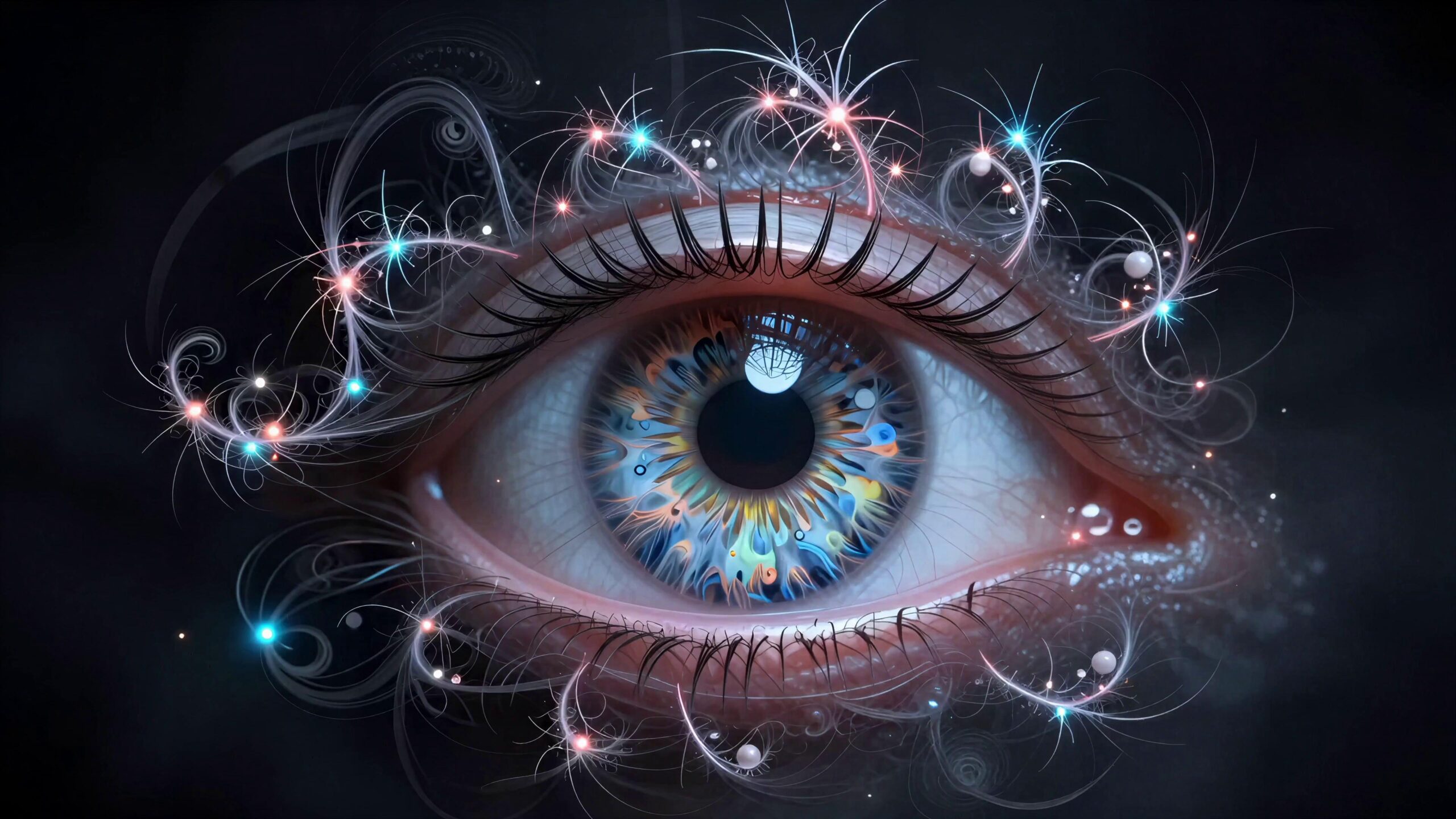 Surreal artistic close-up of glowing futuristic eyeball surrounded by sparkling energy particles