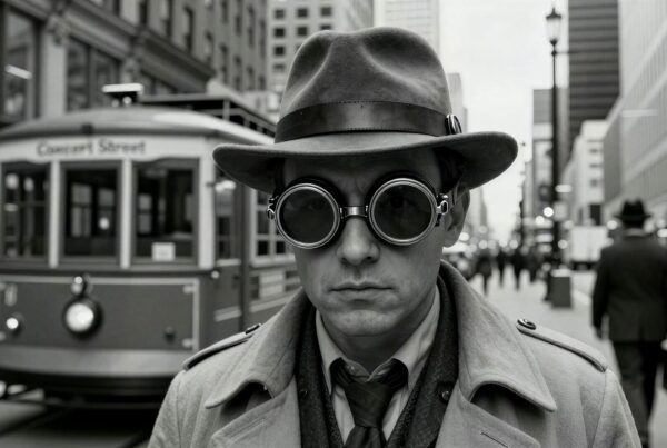 Man in vintage gear walking downtown streets, 4K video.