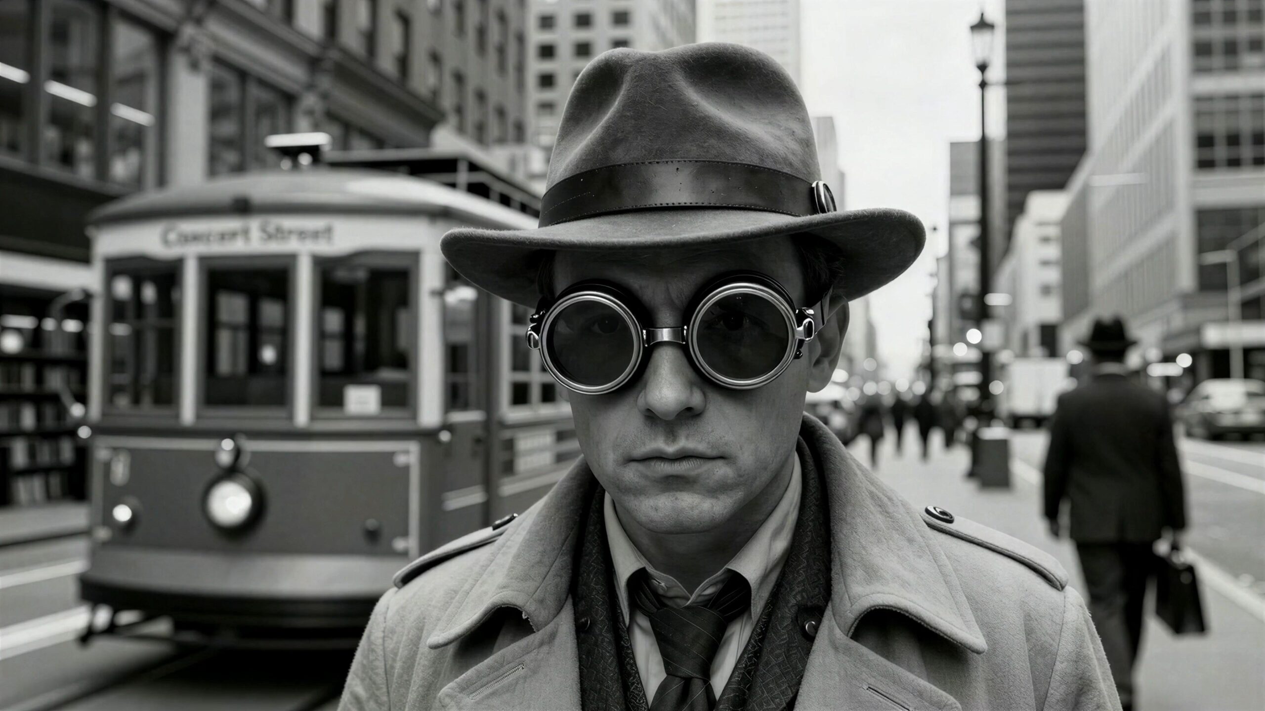 Man in vintage gear walking downtown streets, 4K video.
