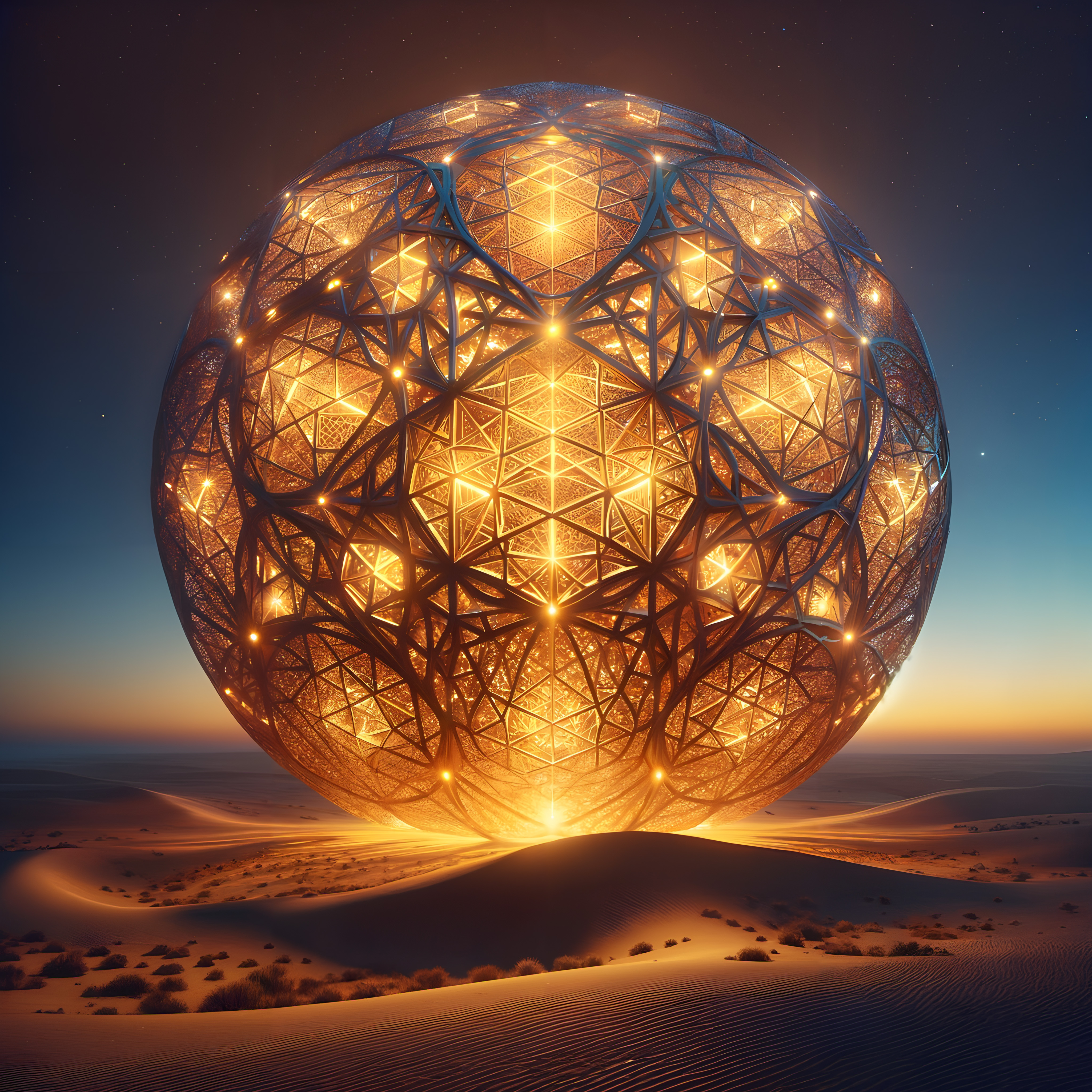 A glowing geometric sphere in a desert landscape during twilight.