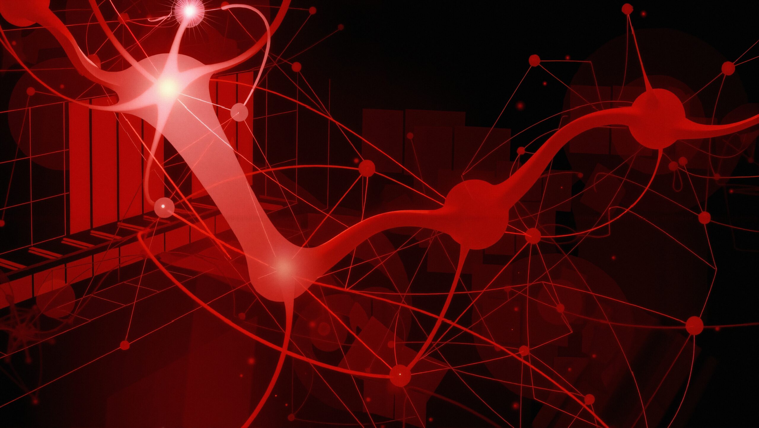 Abstract digital illustration of a neural network with interconnected nodes and lines in a red color scheme.