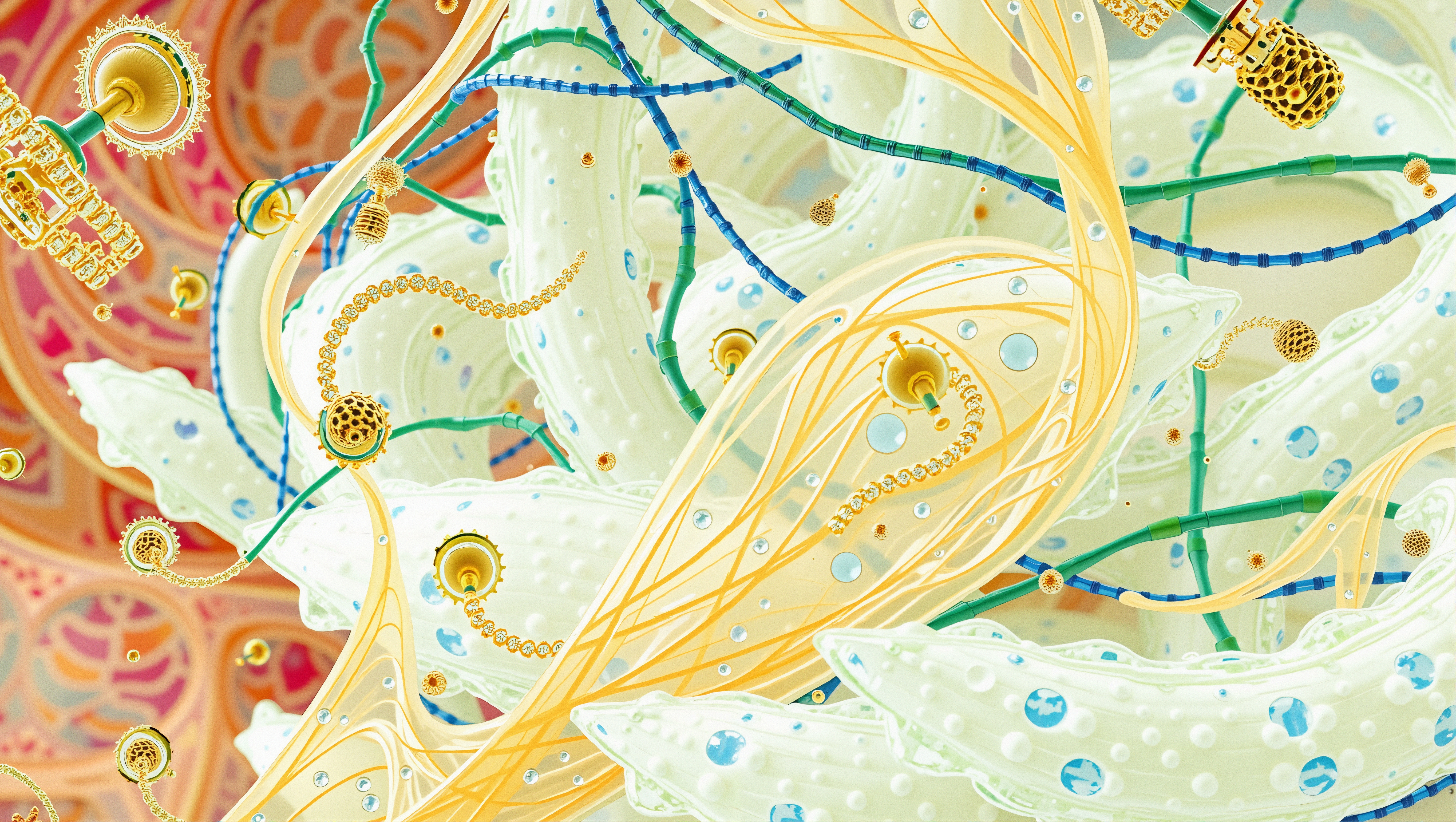 Vibrant abstract shapes, intricate design, interconnected patterns, dynamic energy.