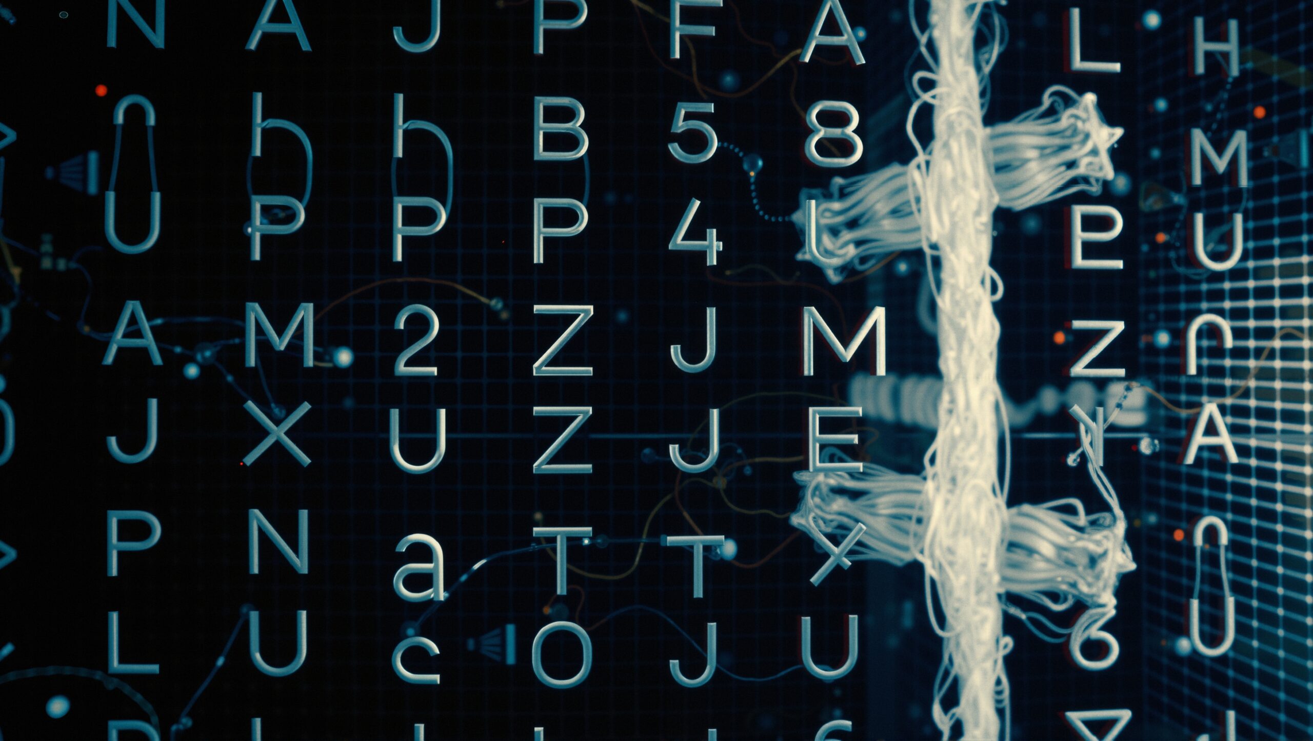 Futuristic digital interface with 3D letters and wires.