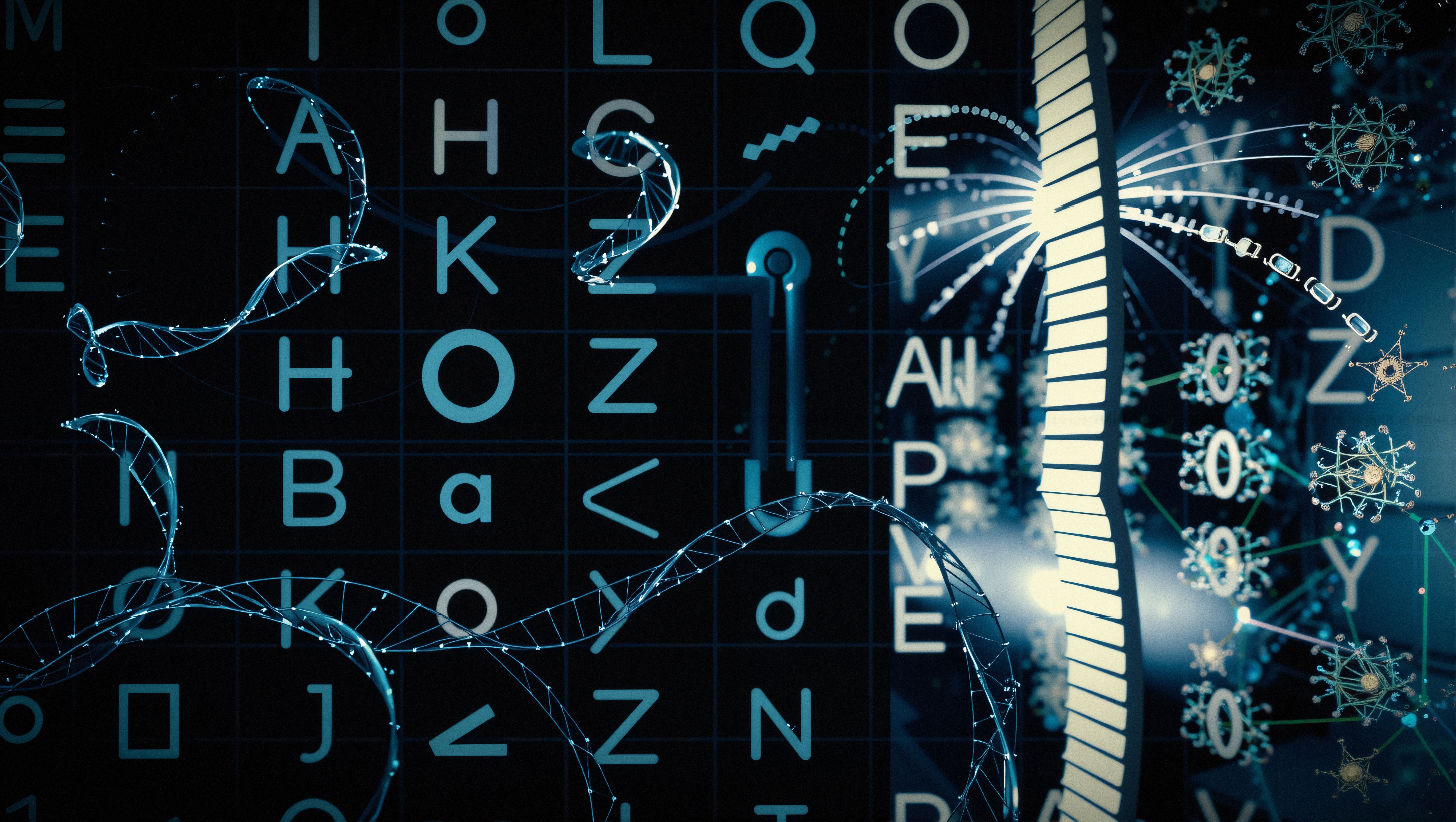 Futuristic digital artwork featuring intertwining DNA strands and symbols against a high-tech background.