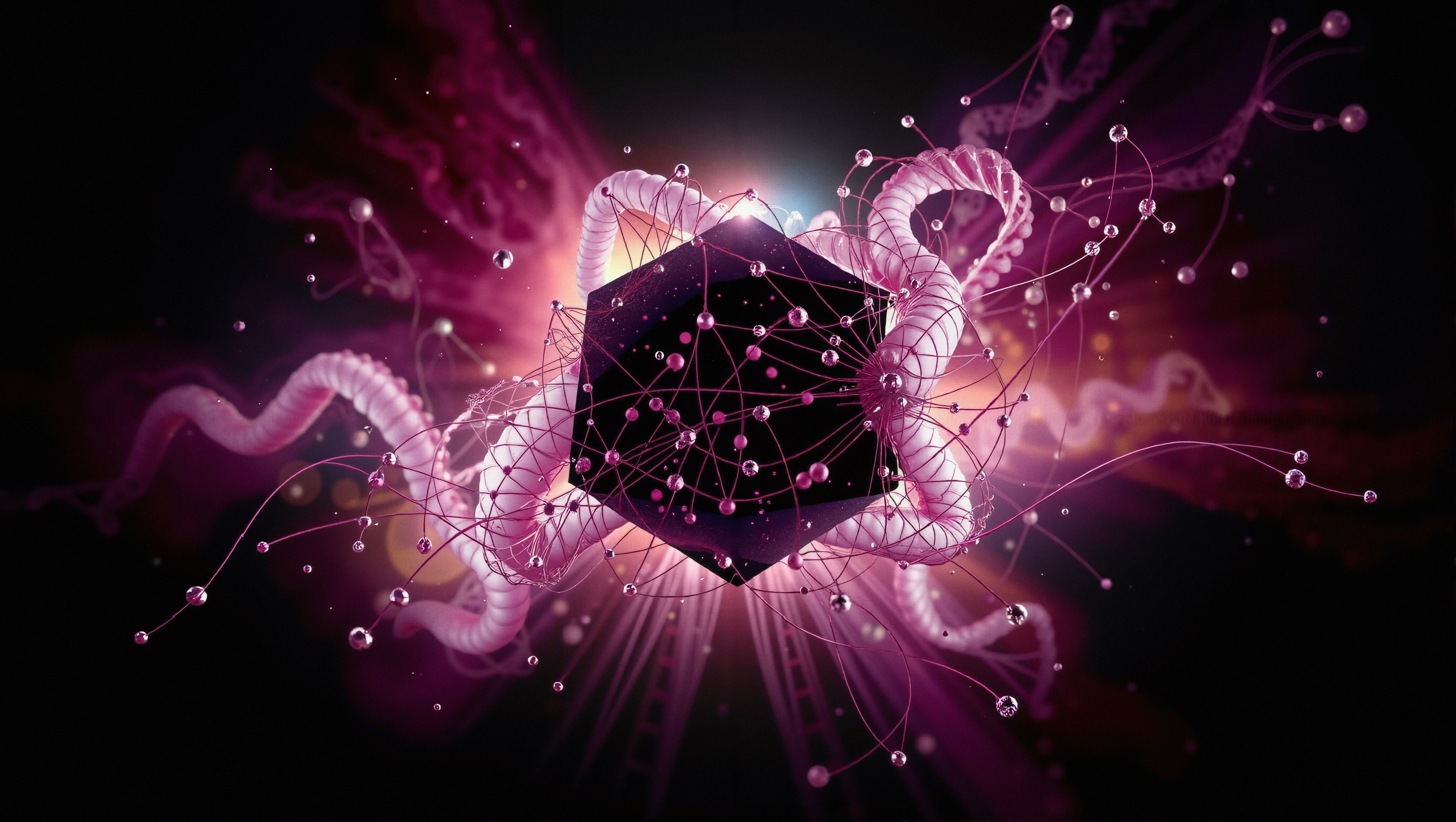 Futuristic digital artwork with glowing tendrils surrounding a geometric cube.