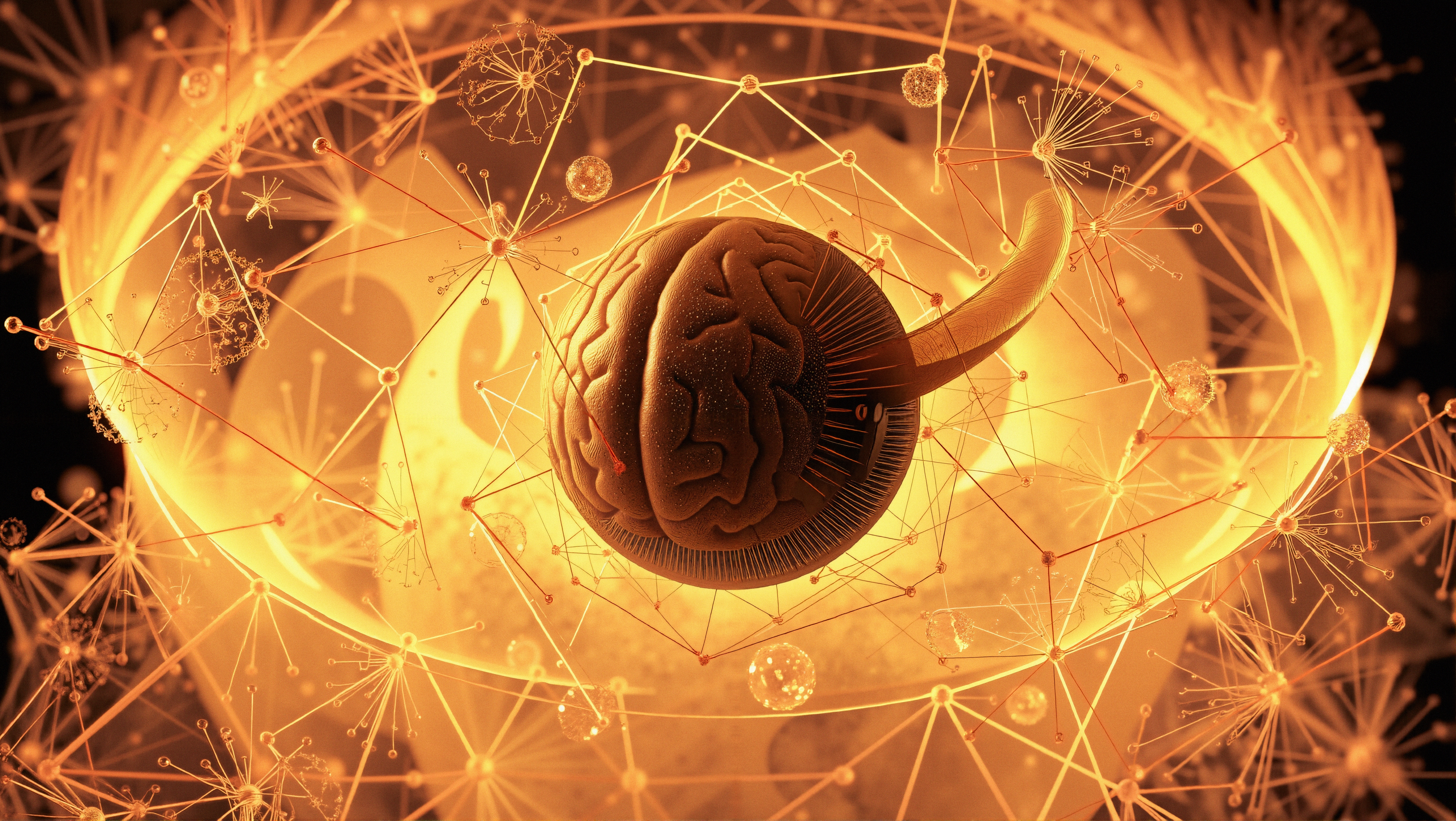 Digital illustration of a human brain surrounded by interconnected glowing orange lines and nodes, representing neural connections and brain activity in a futuristic style.