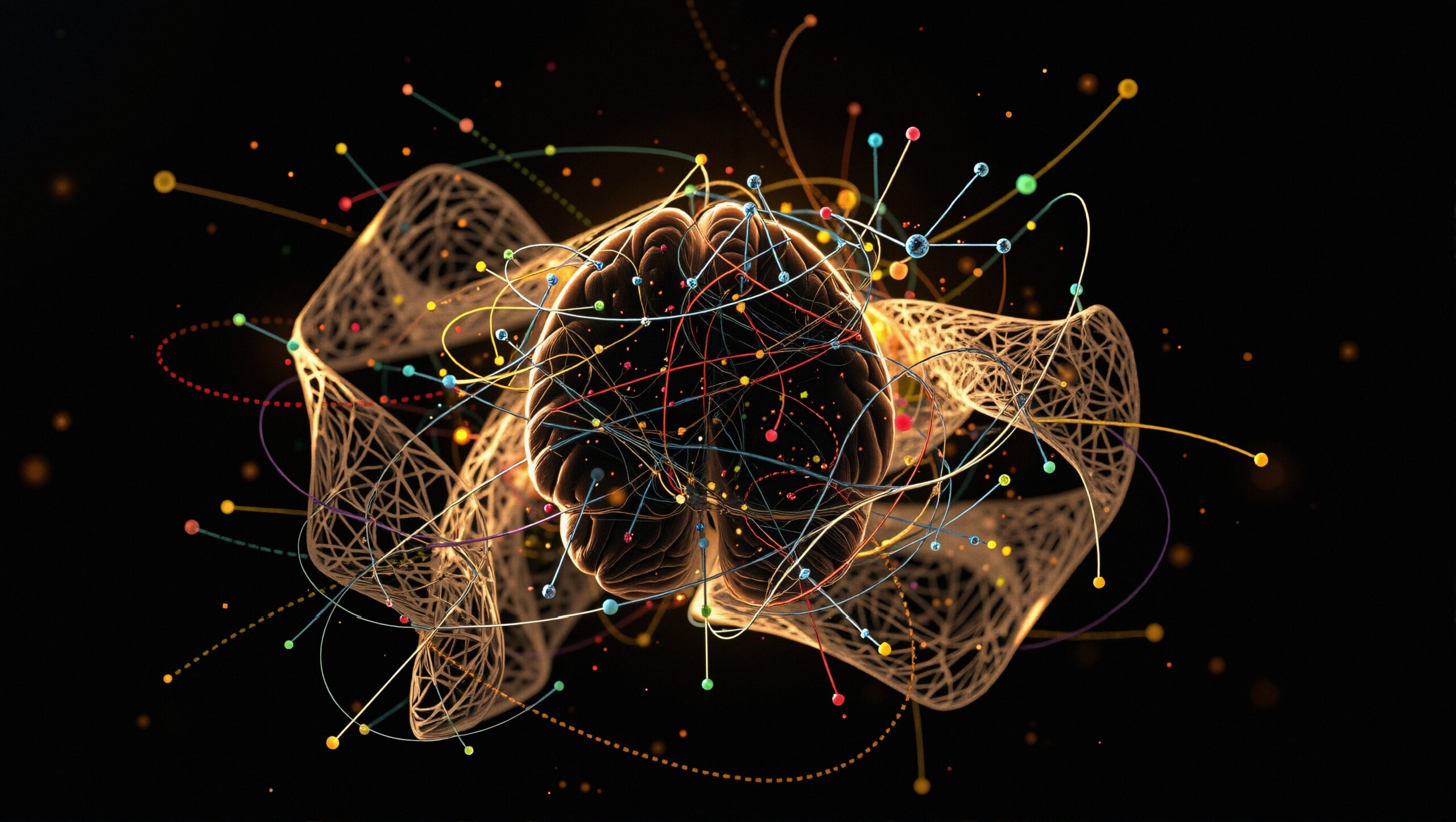 Complex abstract brain with colorful neural network pattern.