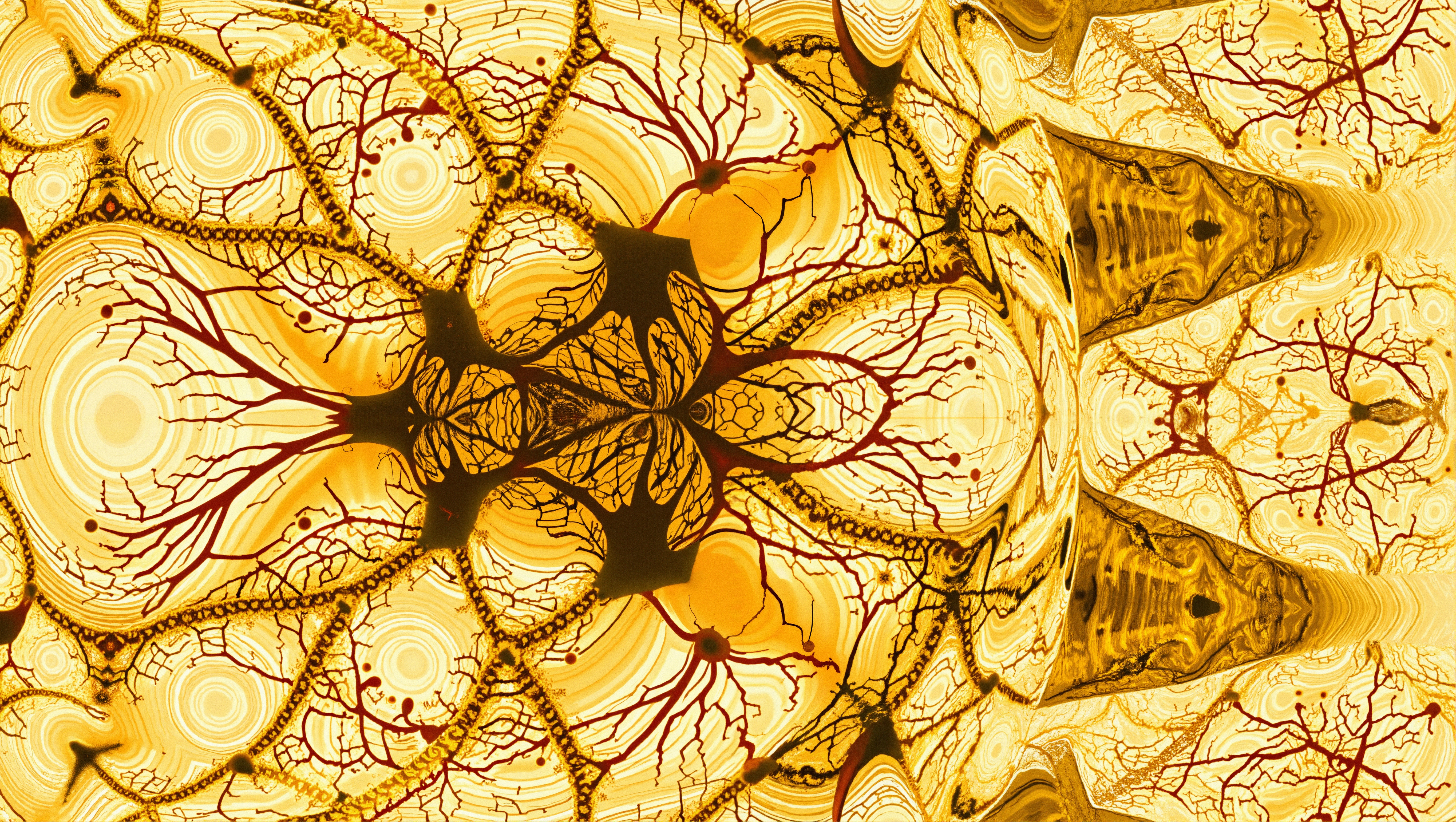 Abstract artwork featuring intricate gold and red patterns resembling neural networks on a canvas with concentric circles.