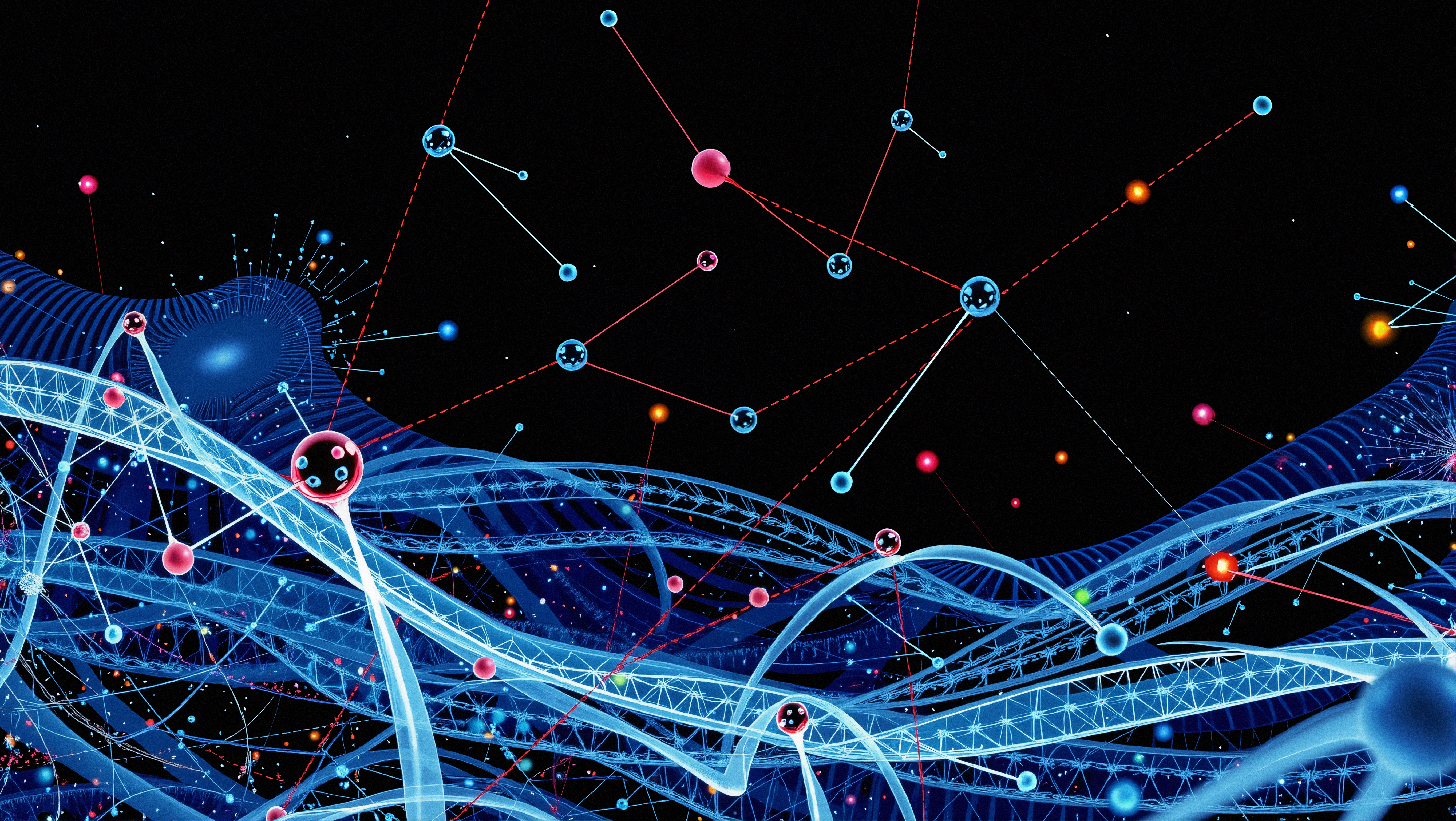 Digital artwork of interconnected molecules and networks, featuring vibrant blue and red lines against a black background, symbolizing technological connectivity.