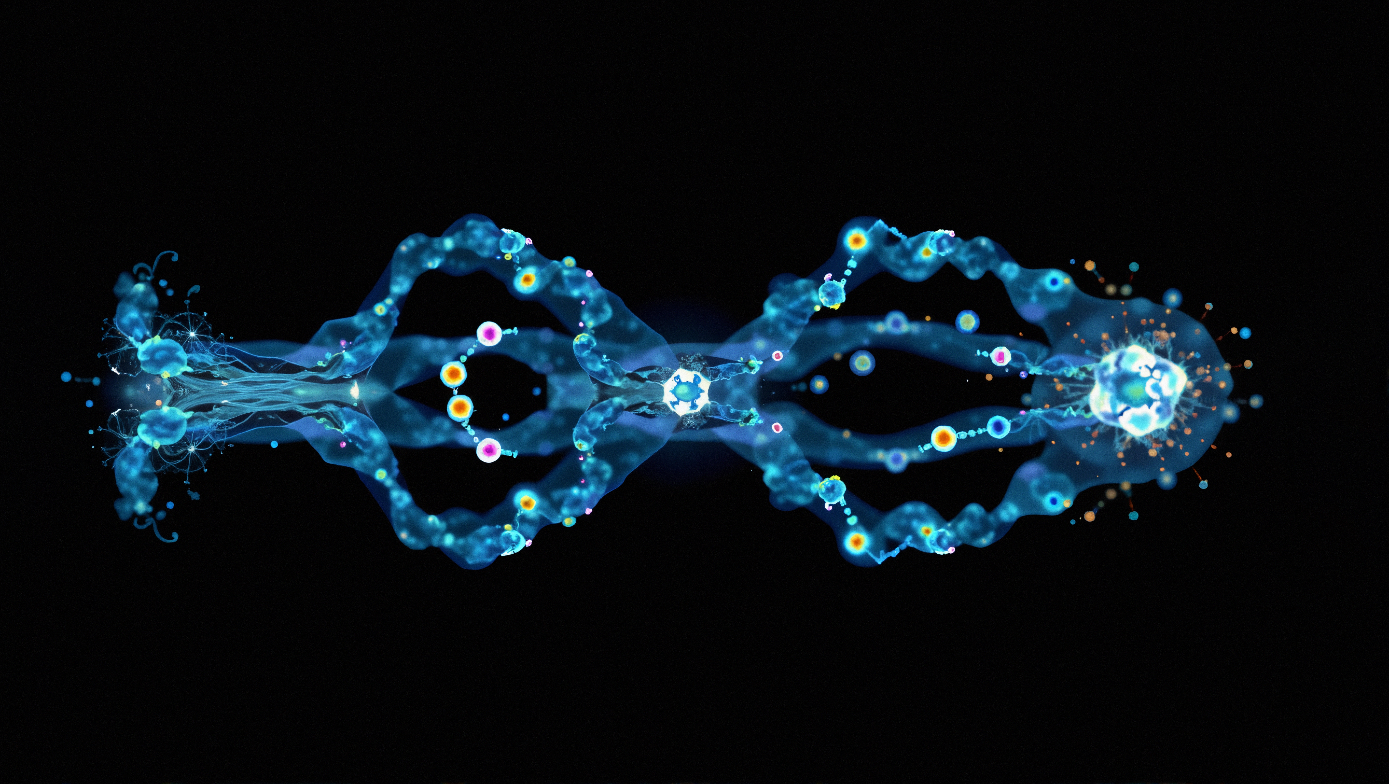 Abstract art of a glowing DNA helix against a black background.