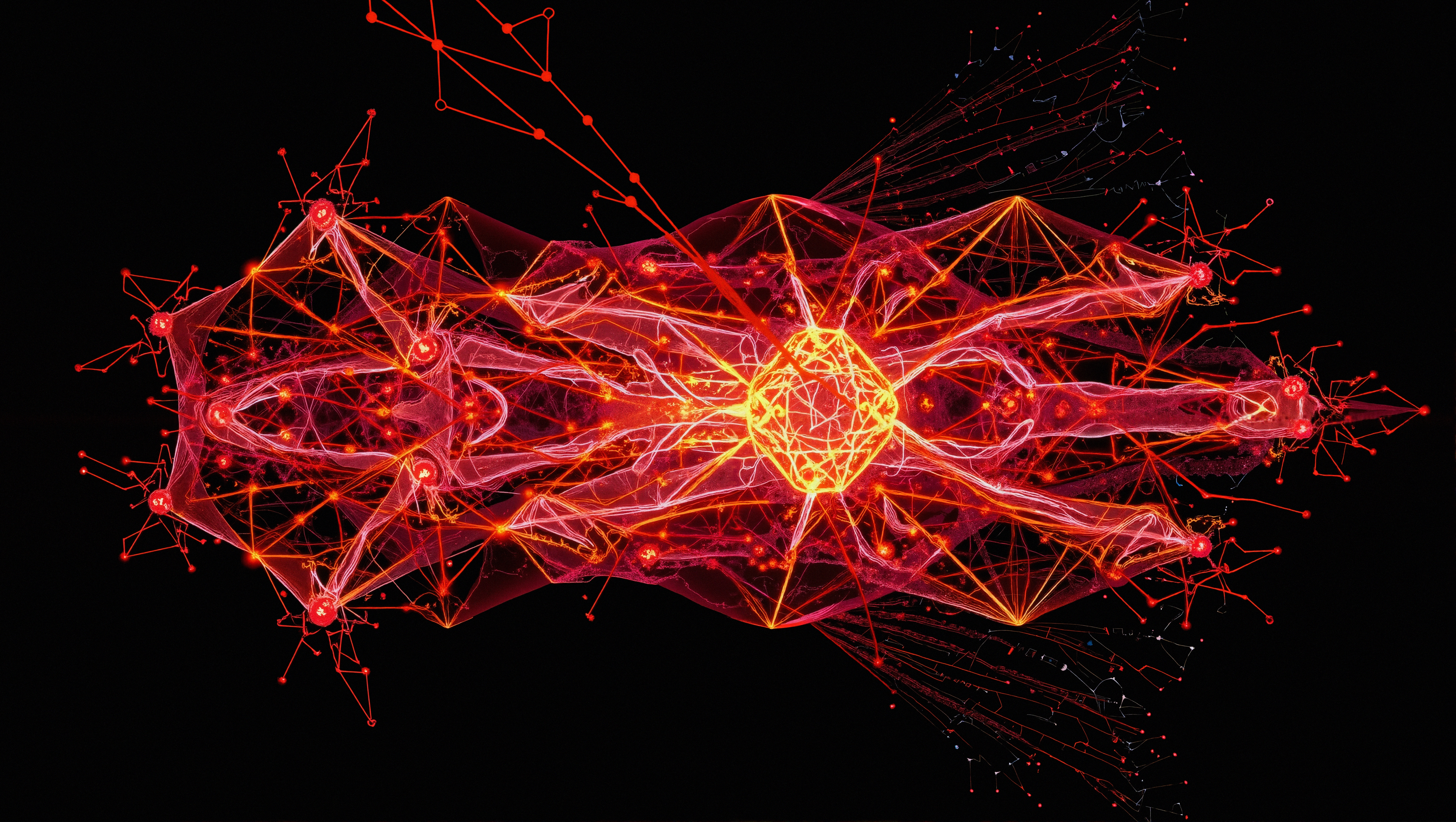 Intricate digital artwork of interconnected red and orange lines forming a neural network pattern.