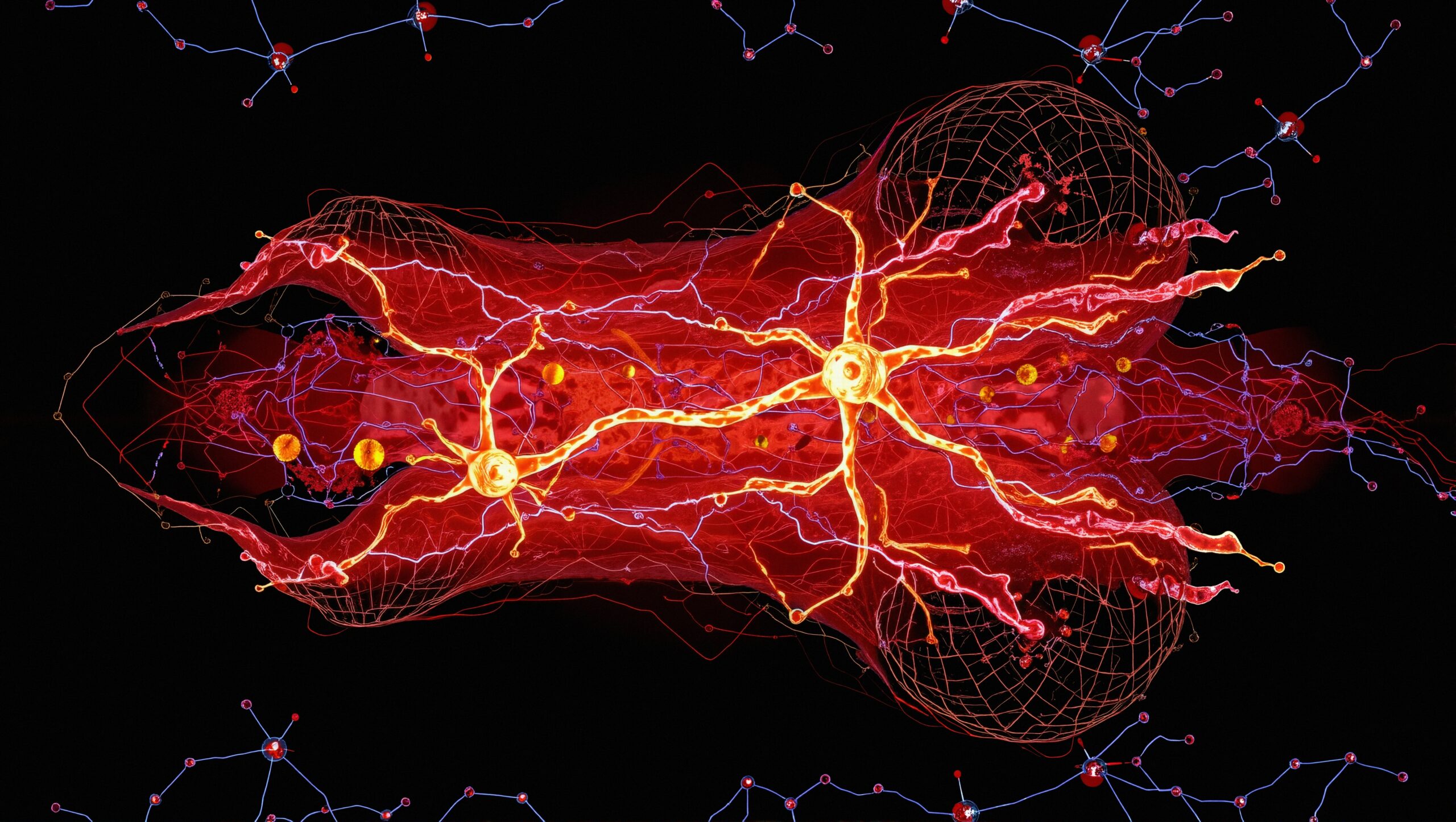 Abstract neural network illustration showing intricate connections, bright colors, and dynamic neural activity.