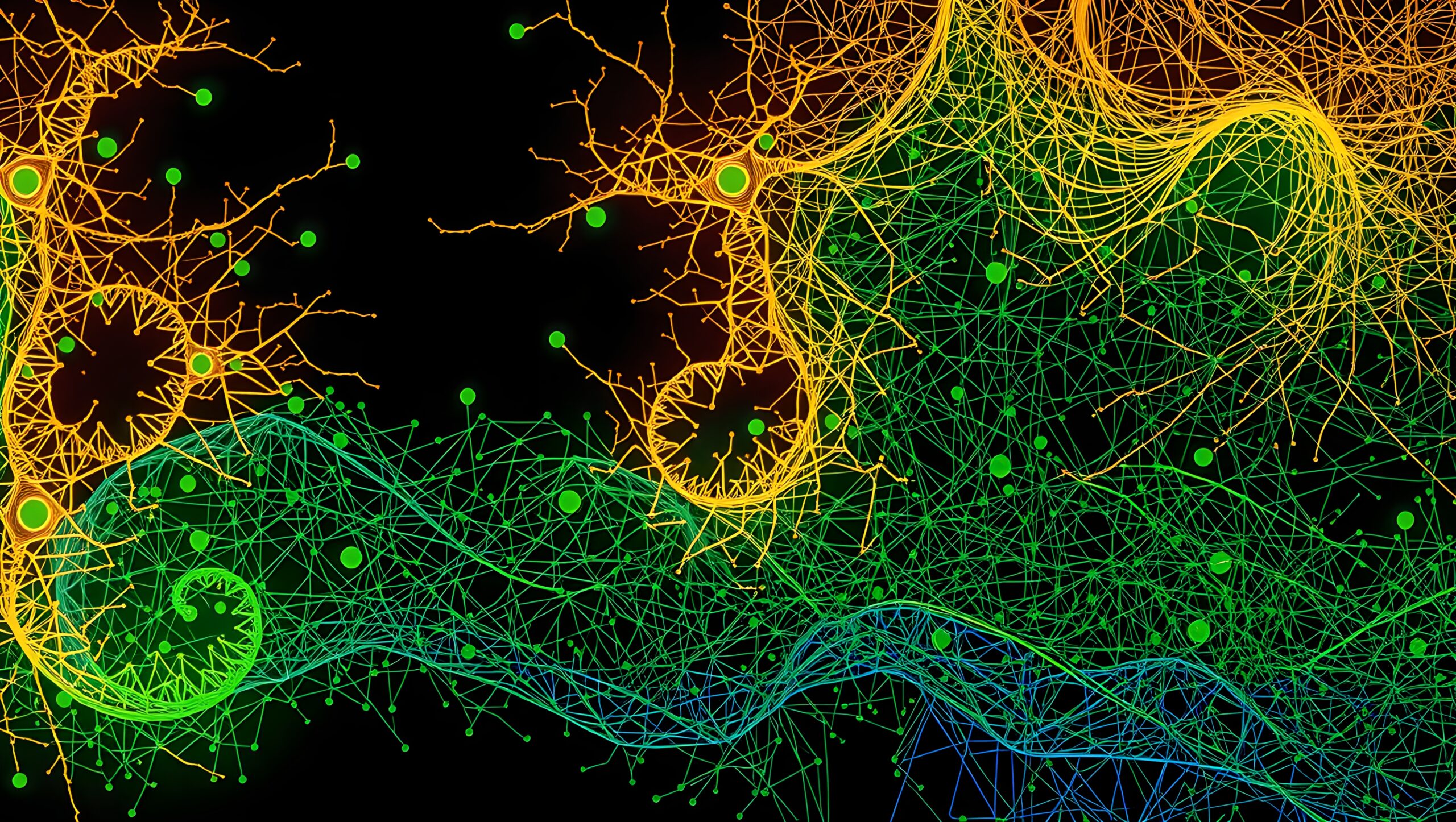 Abstract representation of a colorful neural network on a black background.