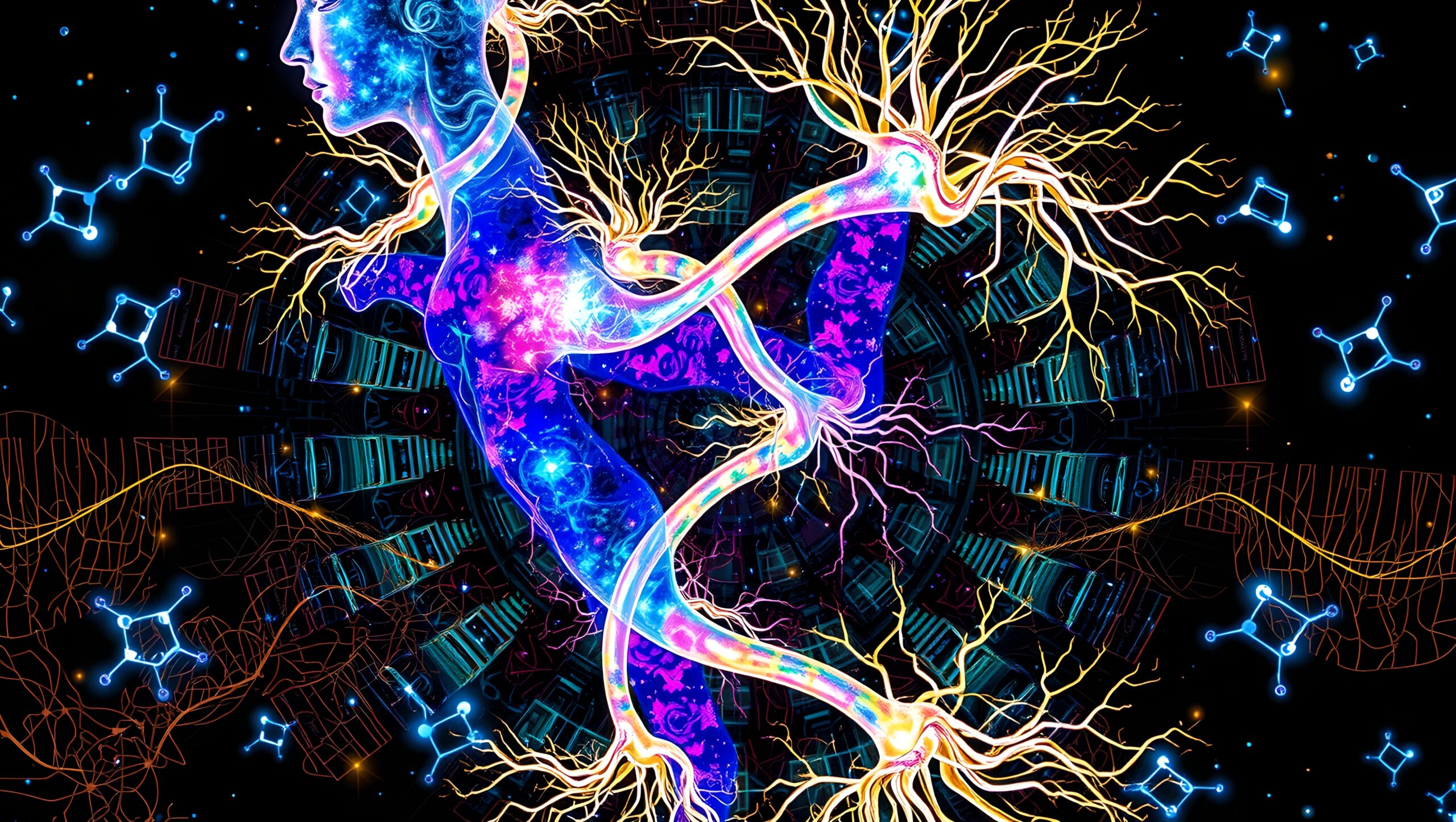 A psychedelic illustration of a cosmic human figure intertwined with vibrant energy pathways and floating molecular structures against a futuristic backdrop.