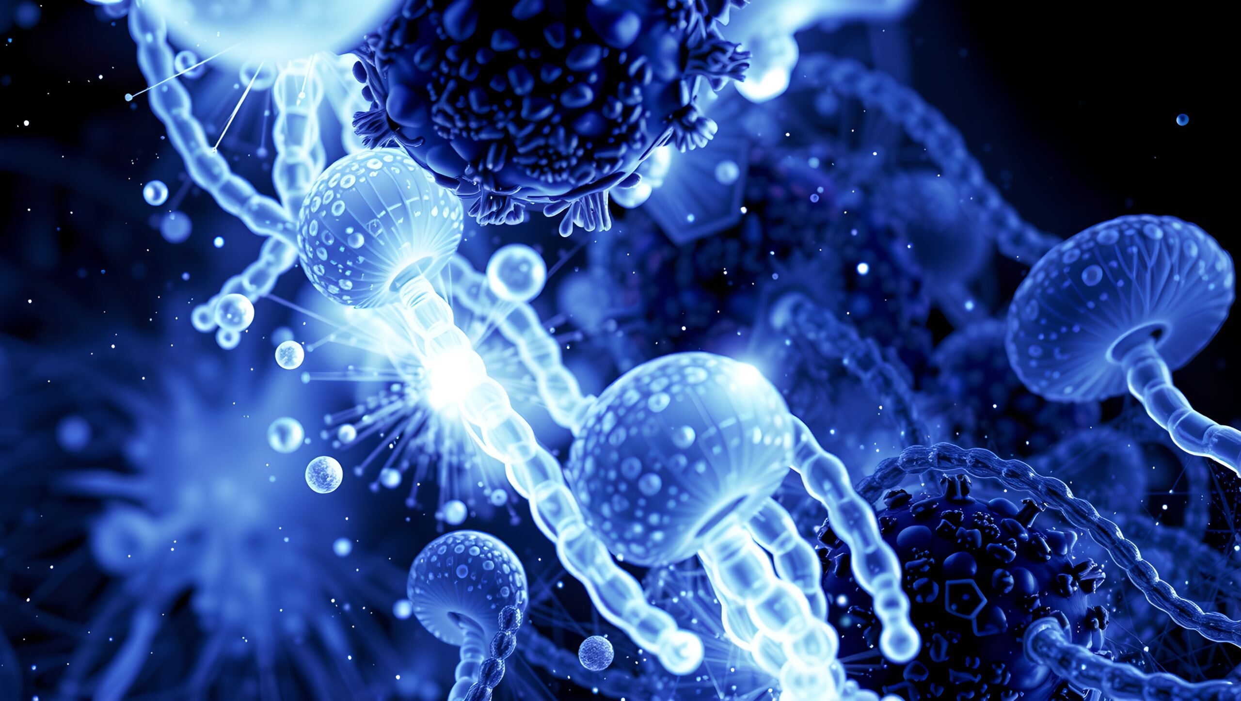 Abstract digital illustration of complex blue molecular structures and organic forms on a dark background.