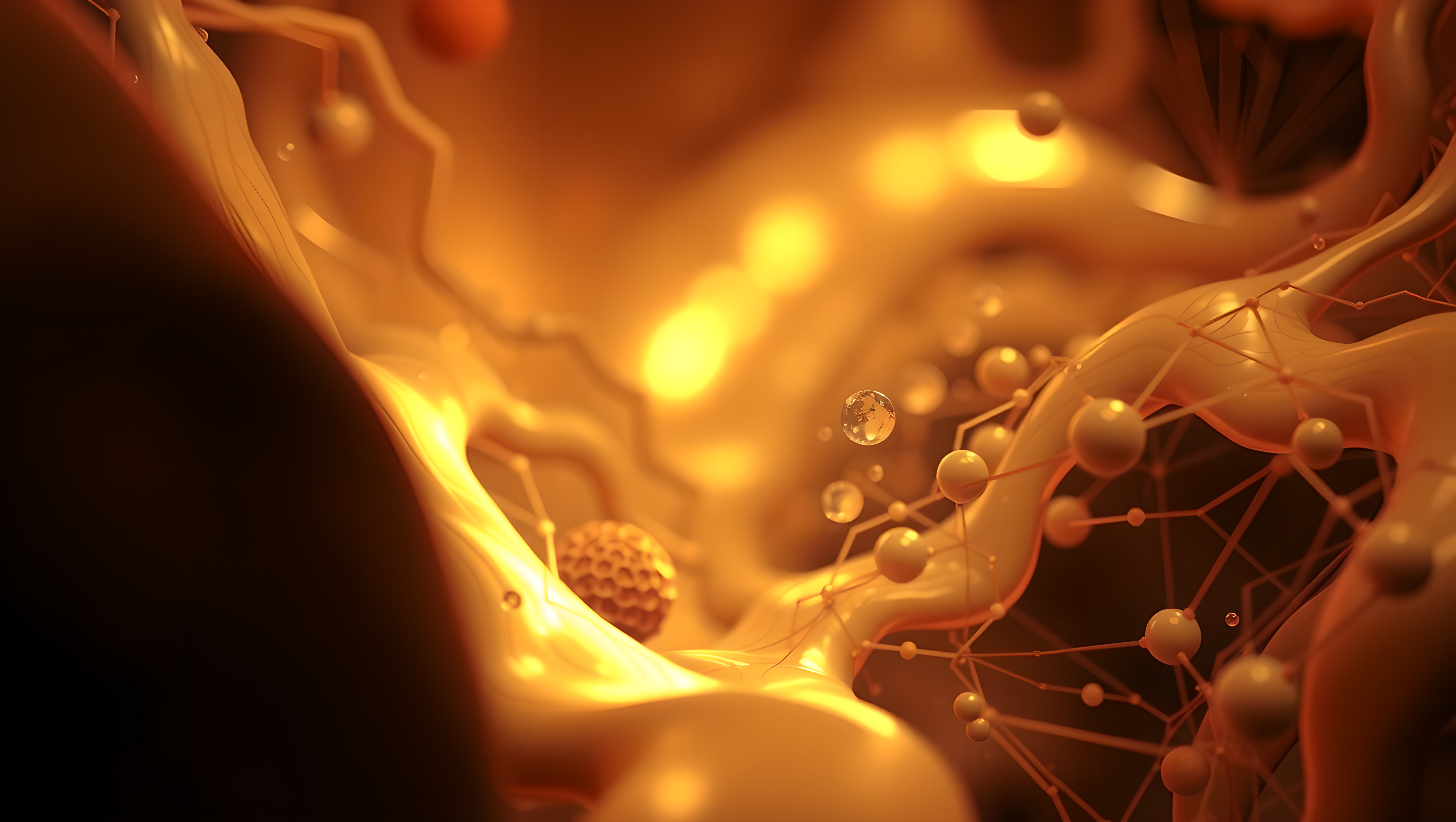 Abstract image of glowing, amber, organic network with floating spheres.