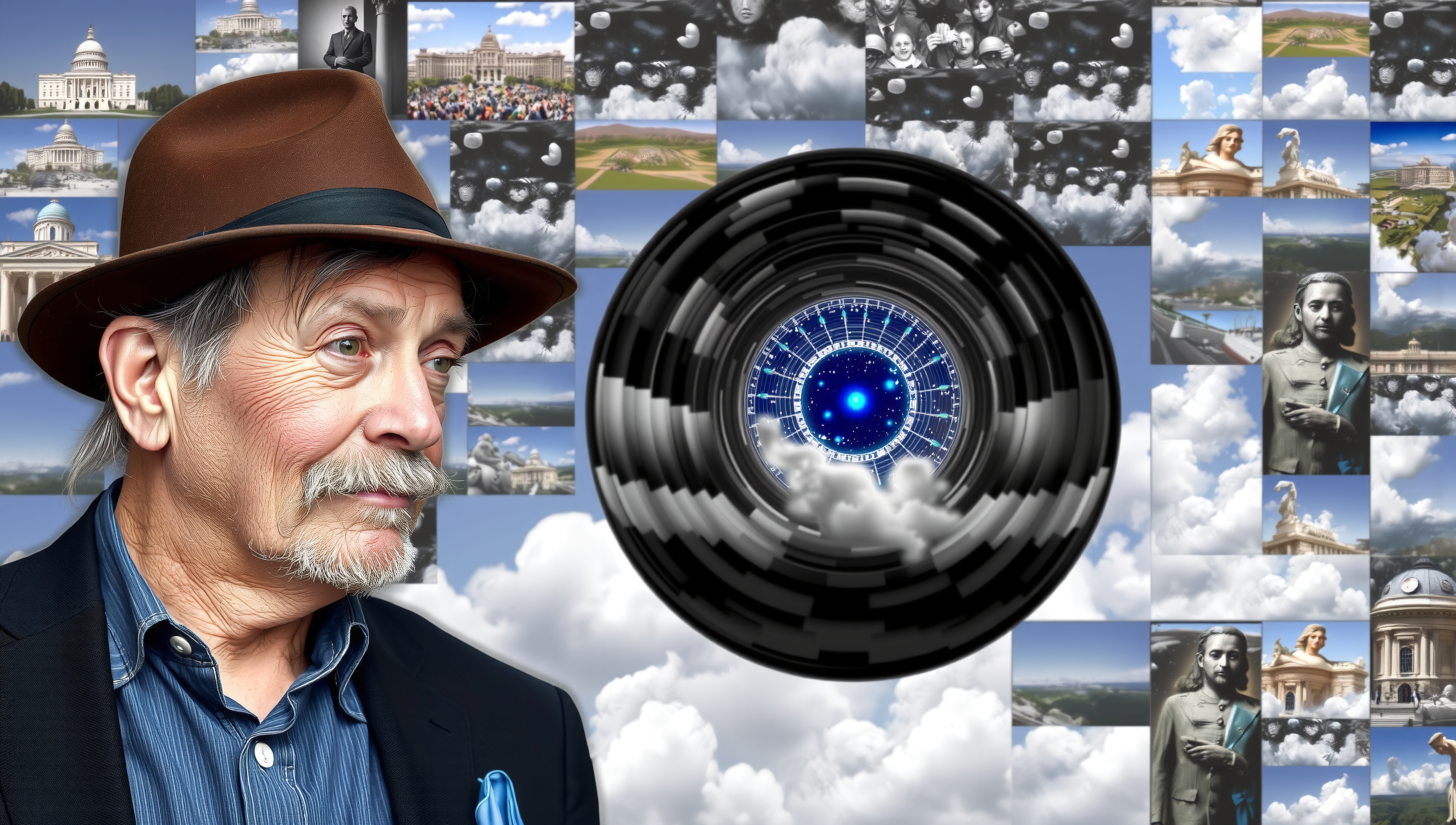 A contemplative man in a fedora contrasts a futuristic lens against a cloud-filled backdrop.