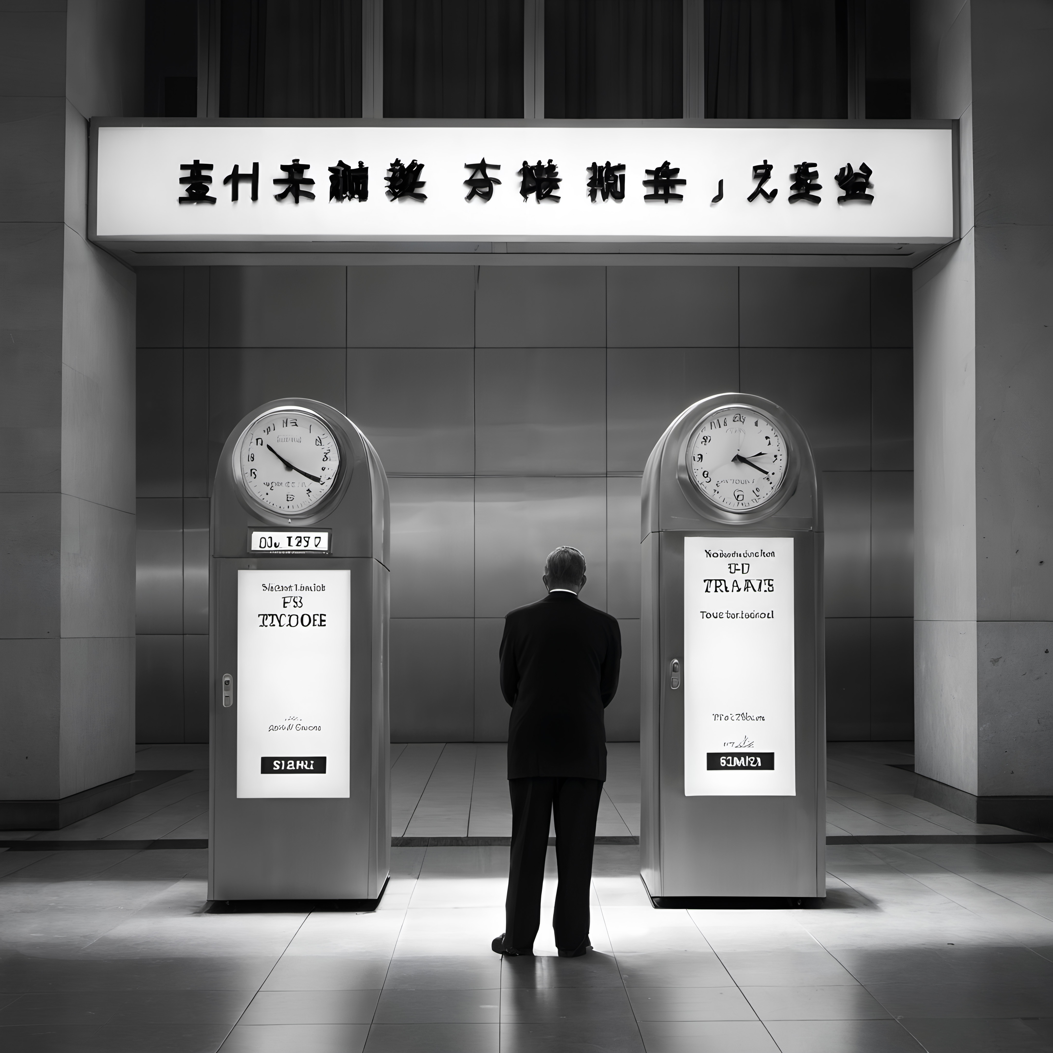 A man in a suit stands in a modern lobby between two large clocks displaying different times, reflecting a serene ambiance.