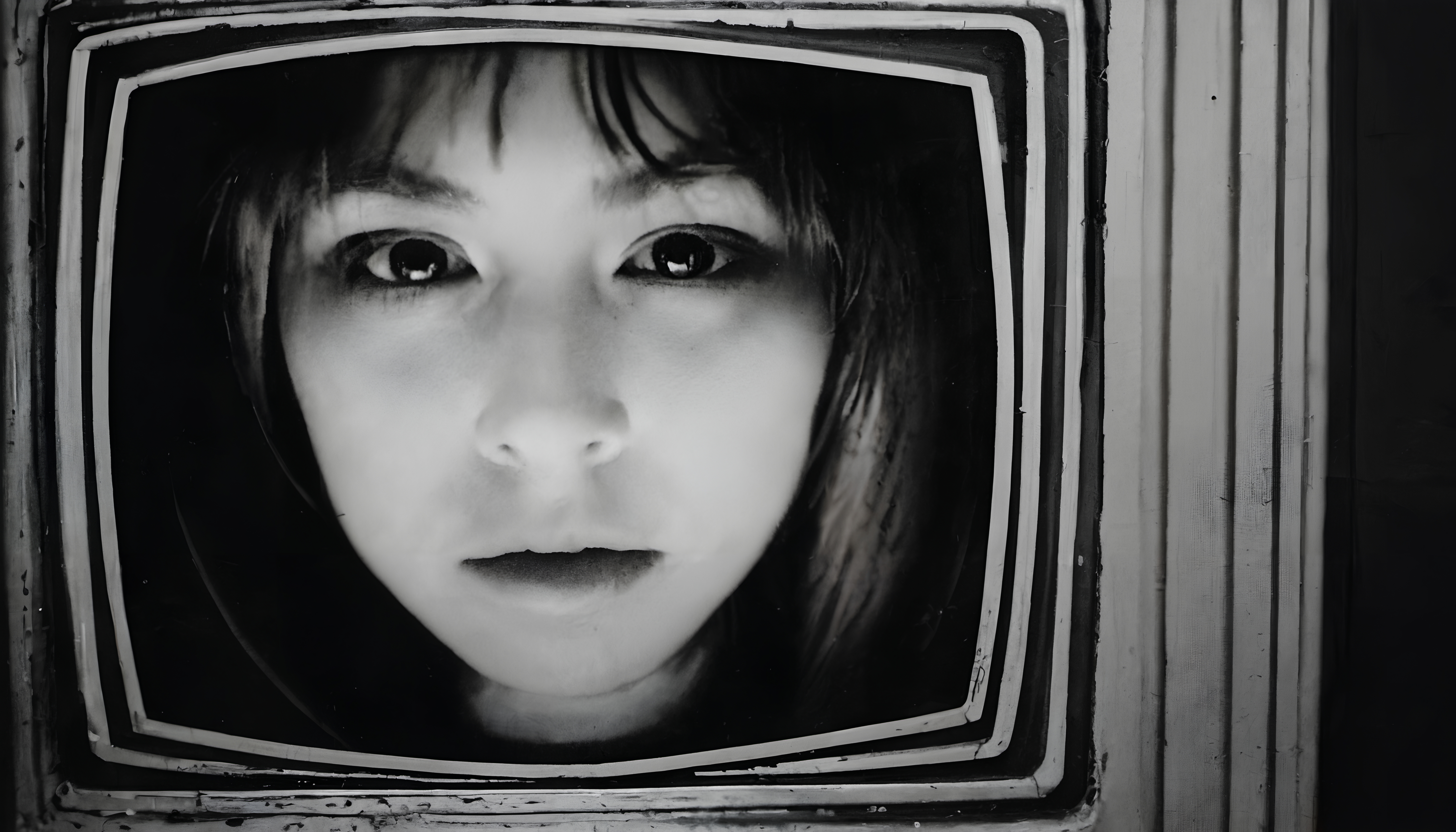 Black and white close-up of a woman's face in a vintage television screen, creating a nostalgic and intriguing scene.