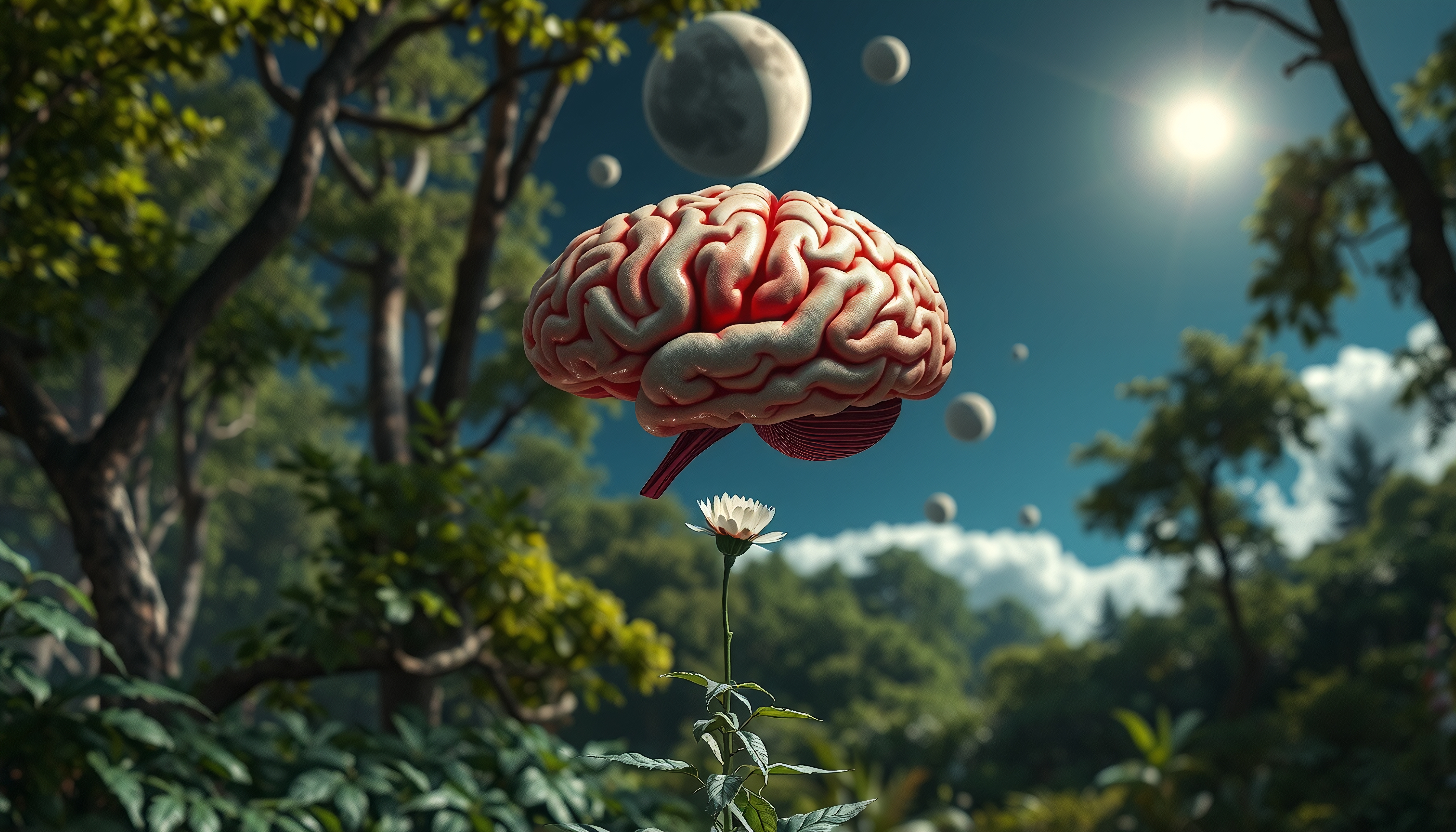 A surreal brain floating above a flower in a lush forest setting.