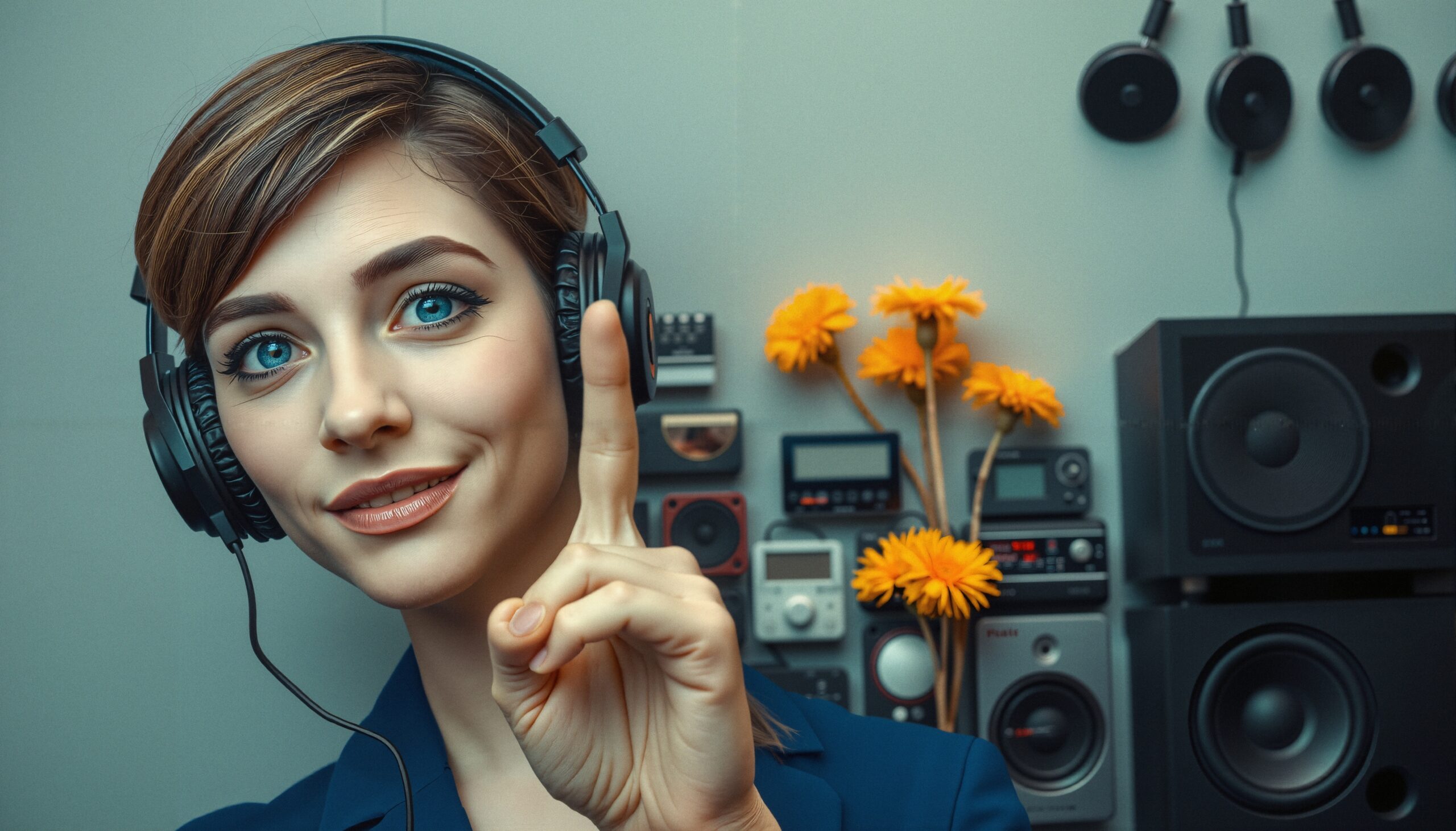 A woman wearing headphones smiles, surrounded by audio equipment and yellow flowers.