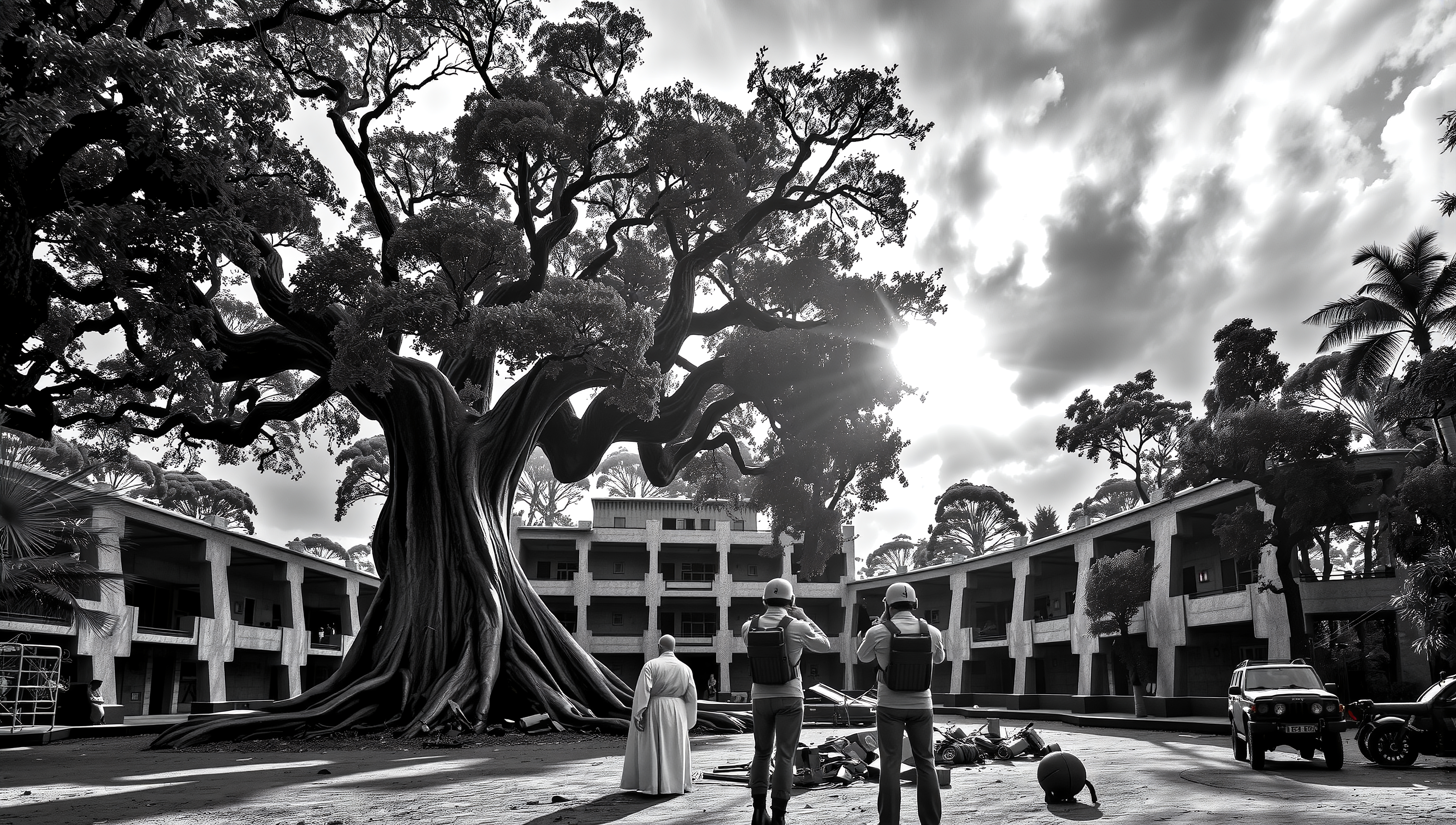 Black and white image featuring a massive tree surrounded by an abandoned building under a cloudy sky with three figures observing.