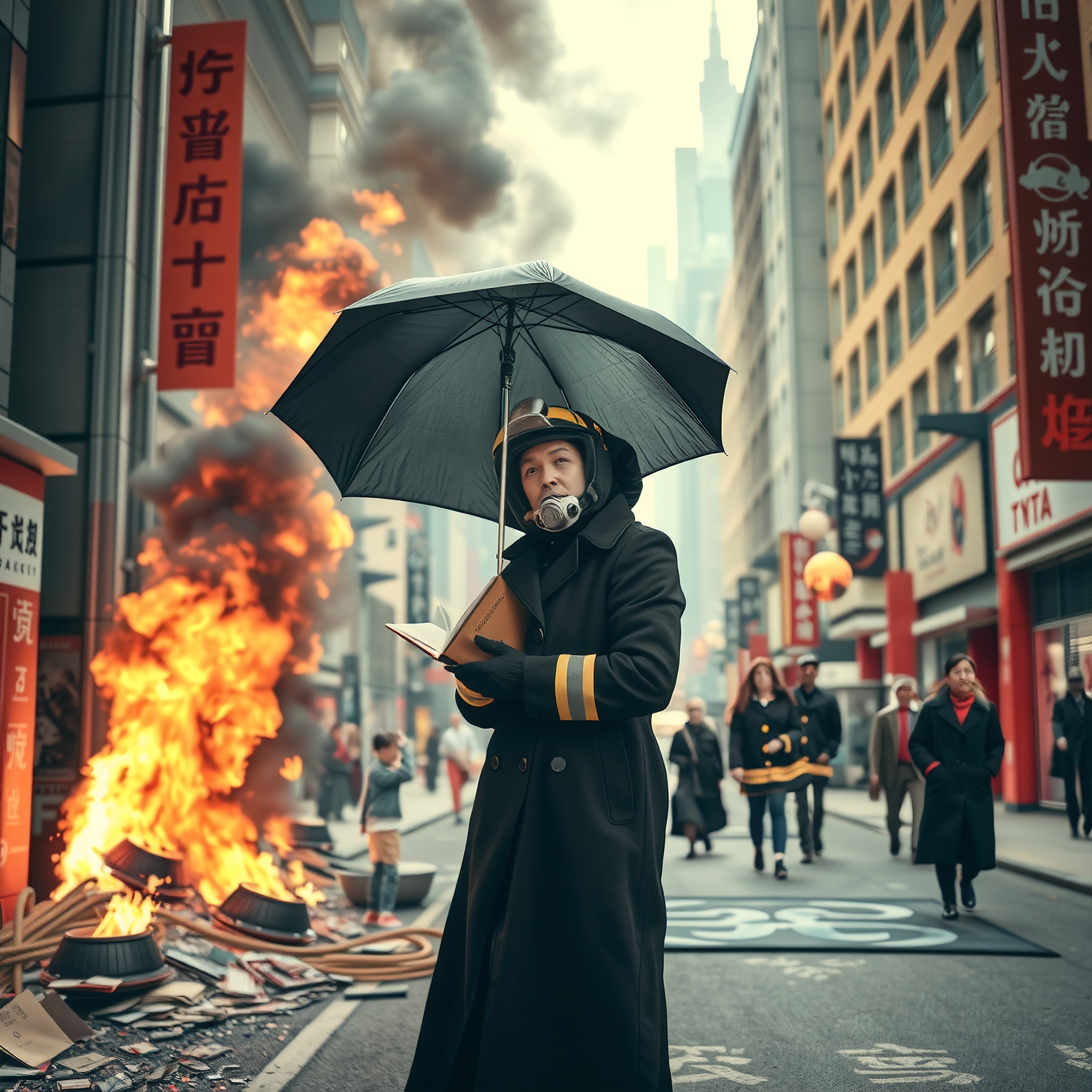 A firefighter stands amidst a city street fire, reading under an umbrella, with buildings and onlookers in the background.