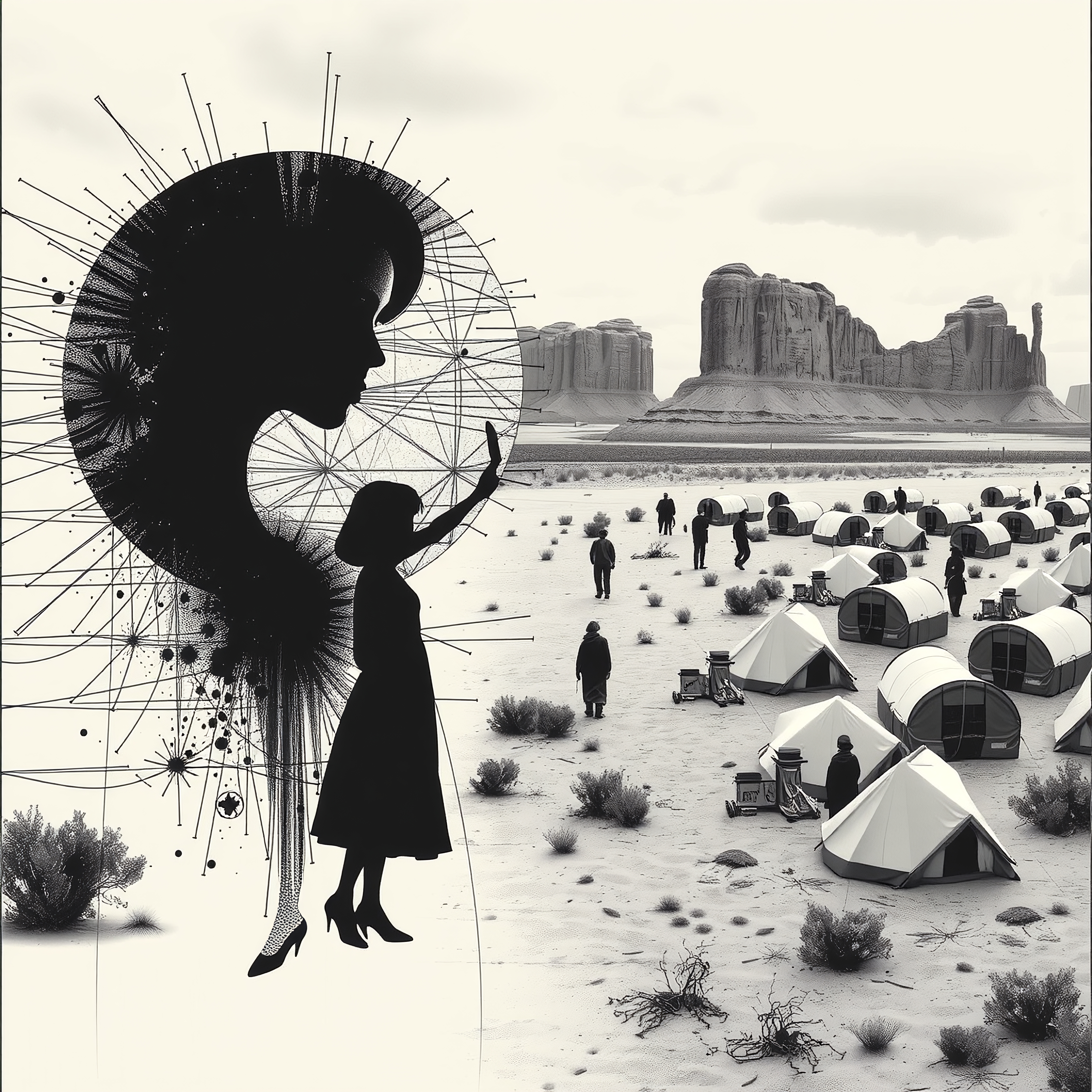 Surreal black and white desert scene featuring artistic silhouette design with tents and rock formations.