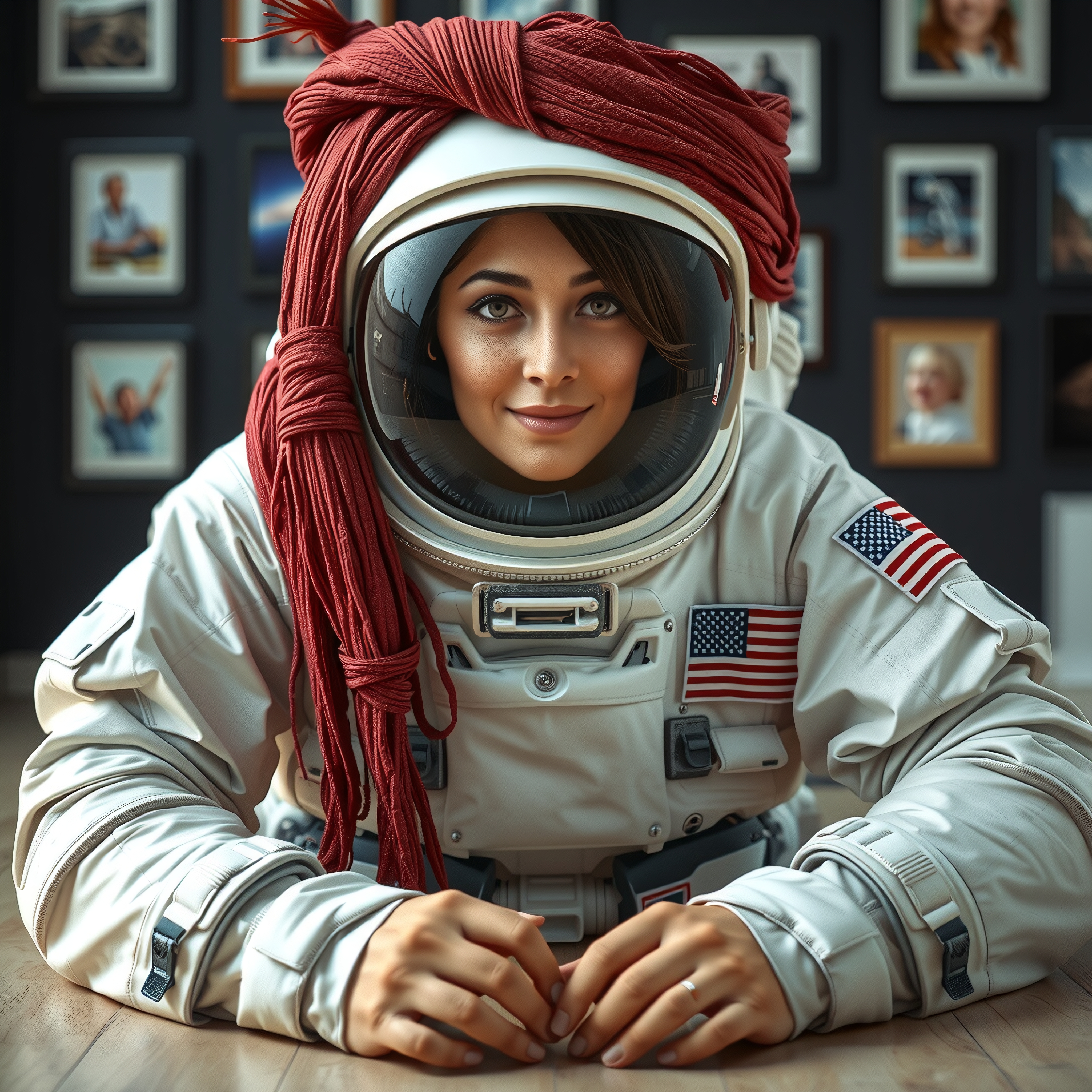 A smiling woman in an astronaut suit with a red scarf, in front of a photo wall.