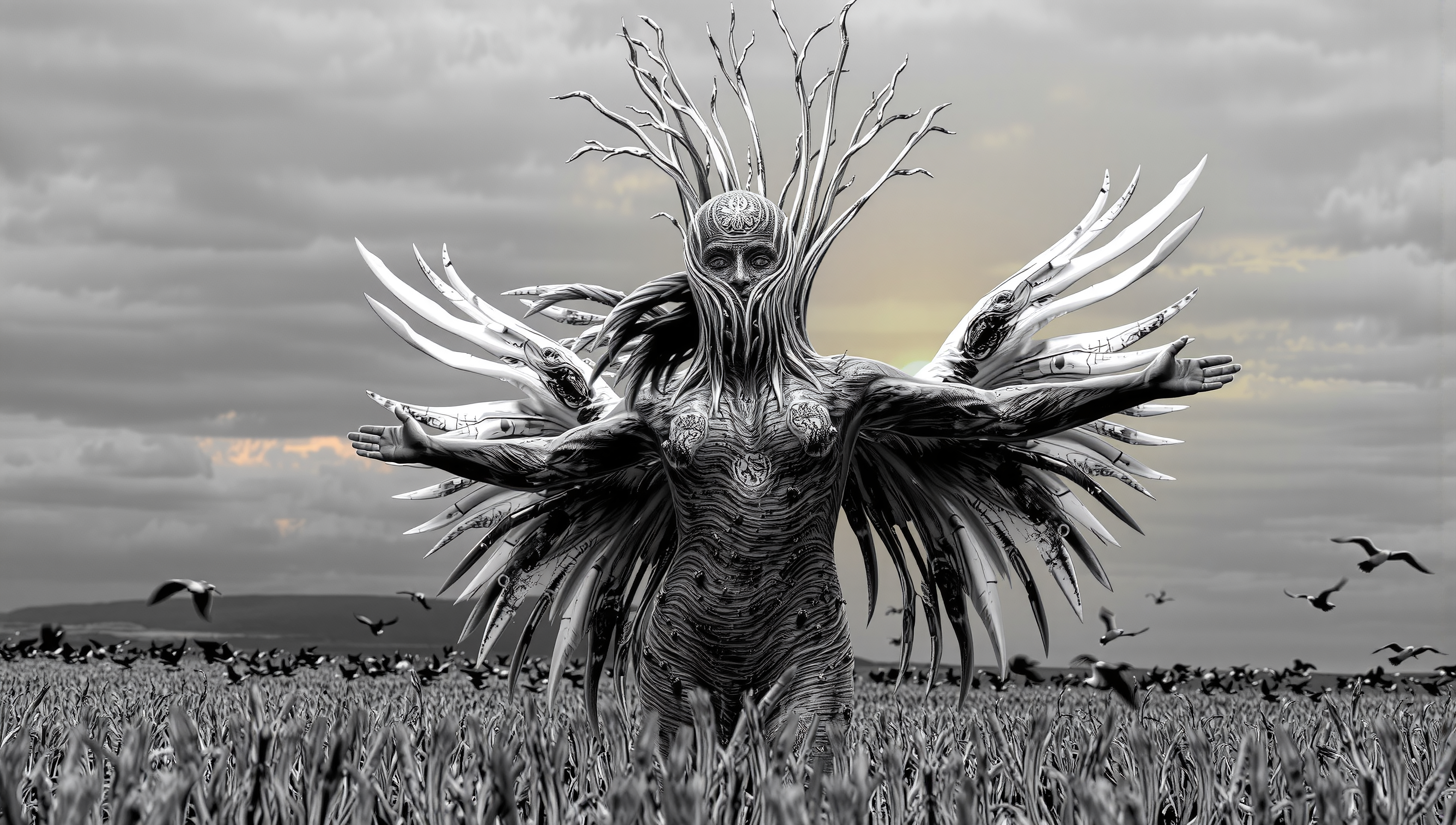 Surreal humanoid figure in natural landscape merging fantasy and nature.