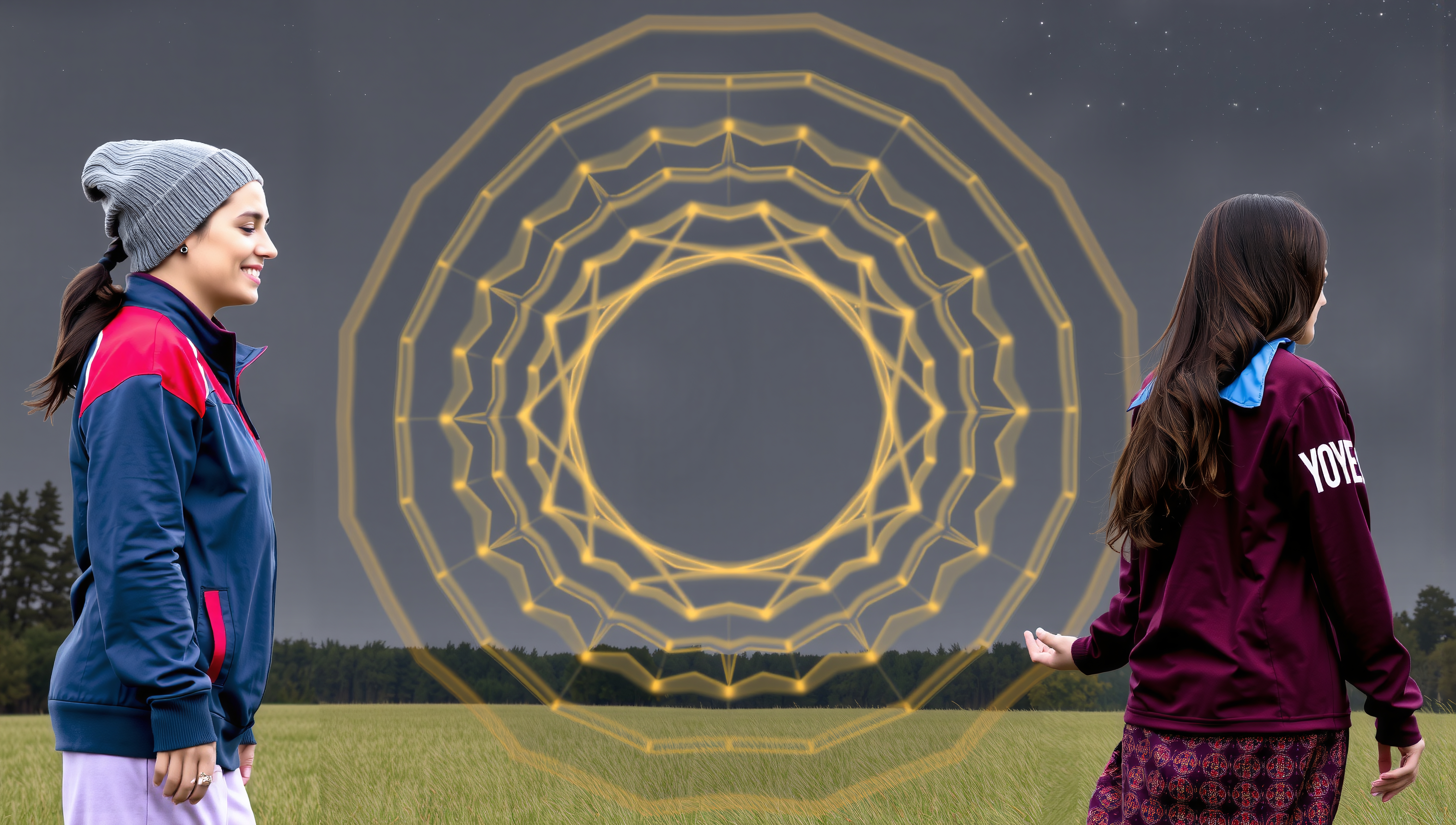 Two people in jackets standing in a field with a glowing geometric pattern in the background.