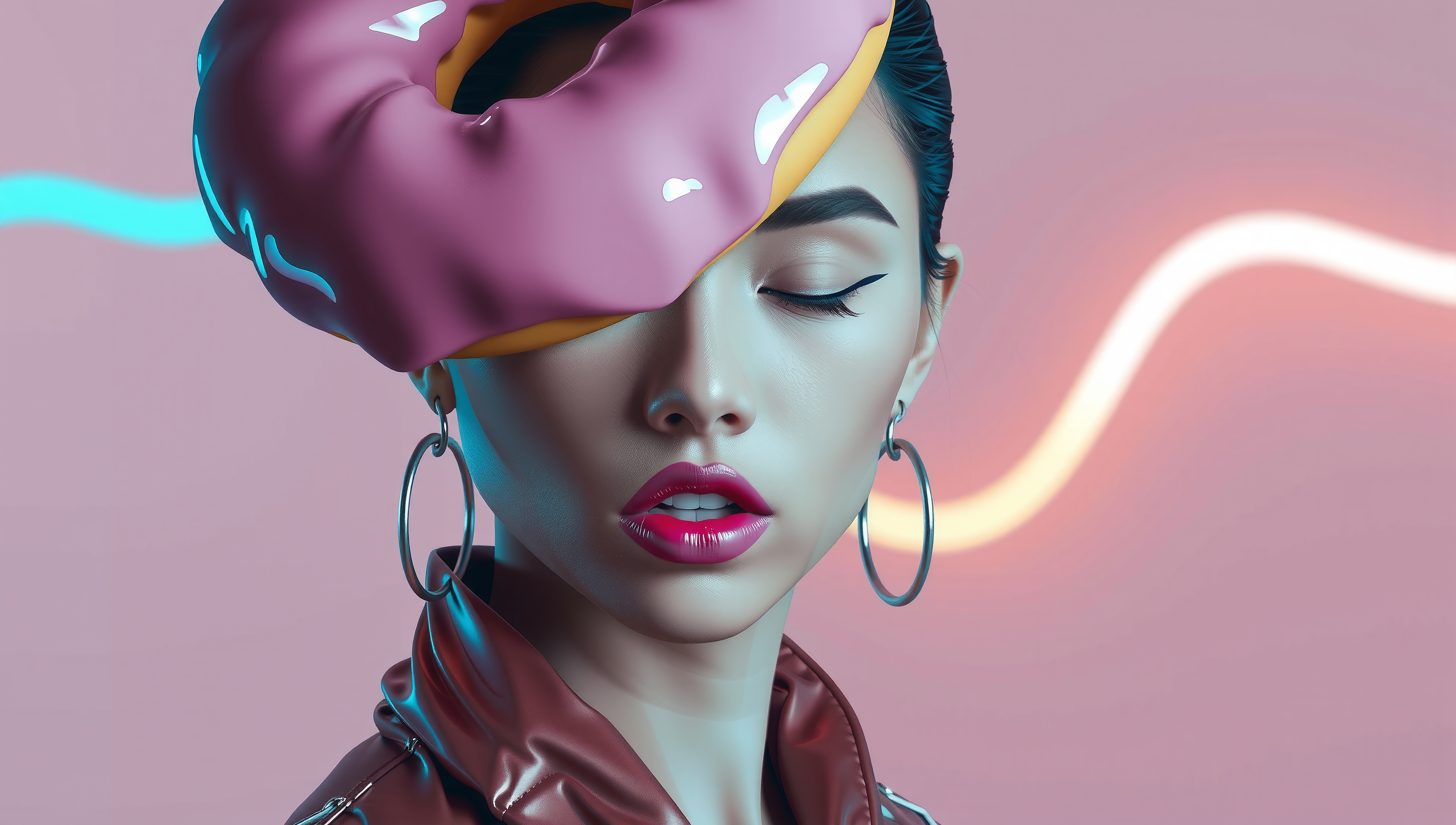 Fashion model with a pink donut hat and neon background.