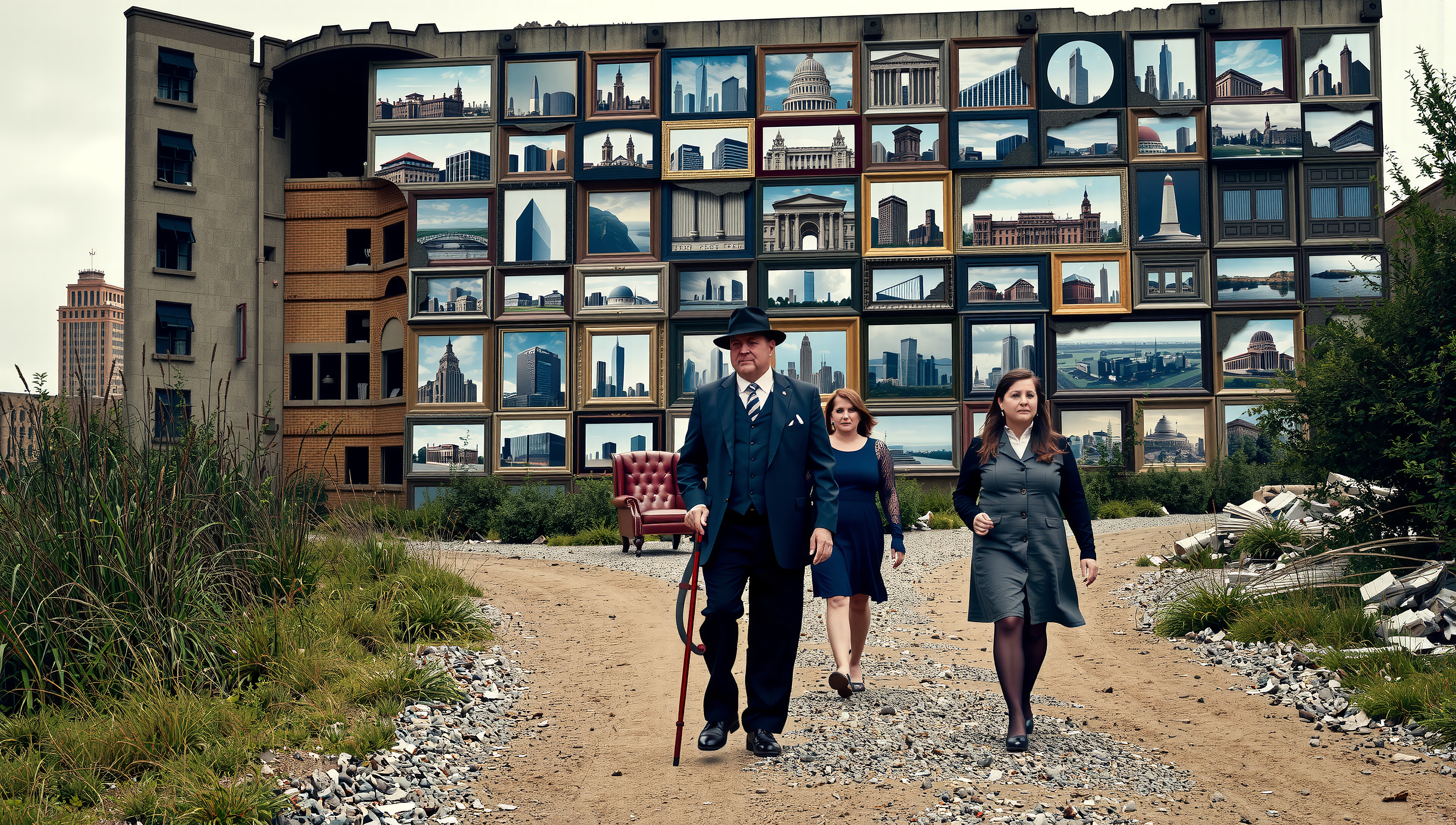 Three people walking by framed cityscapes on a building with scattered rubble and grass.