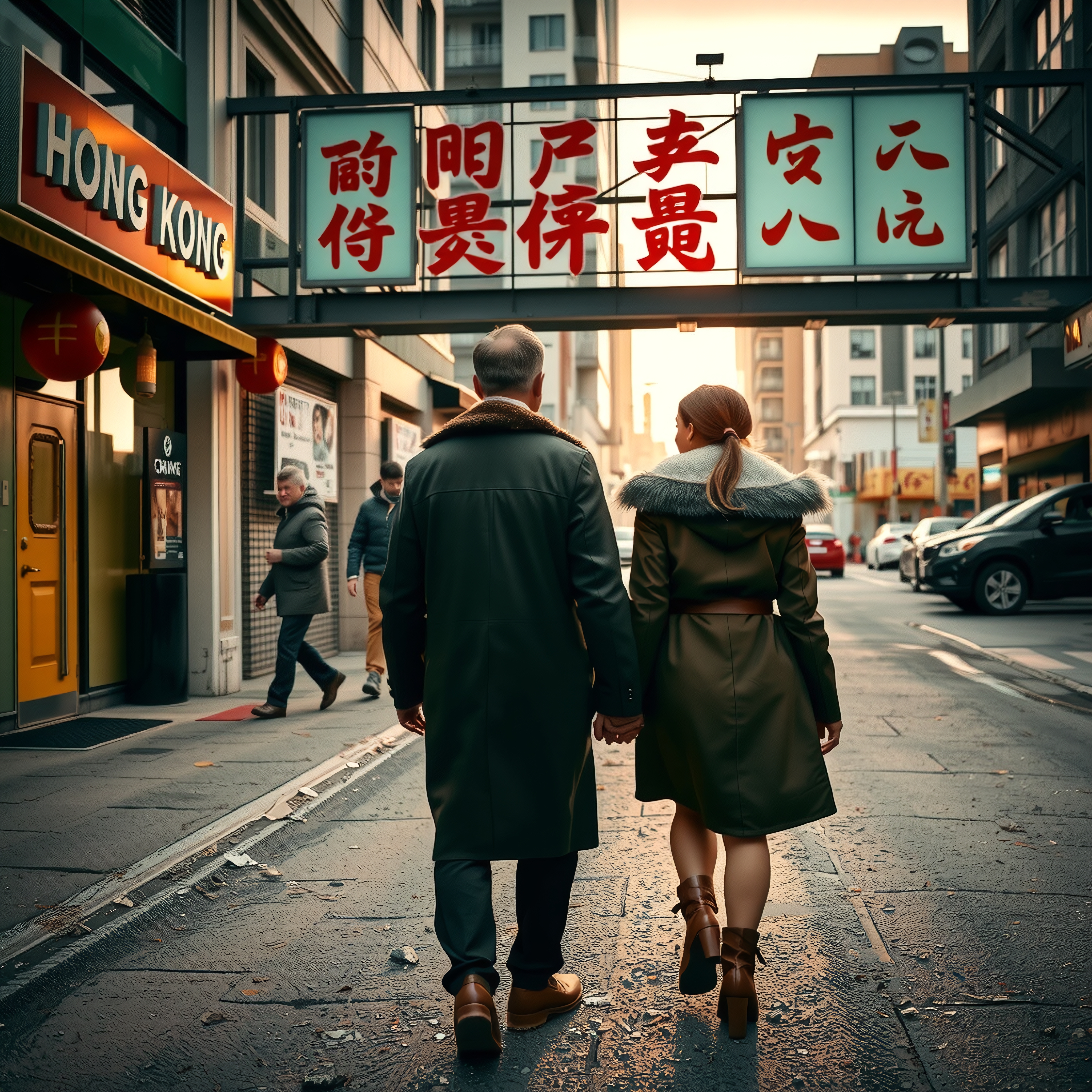 A couple walking down a city street lined with Chinese signage at dusk.