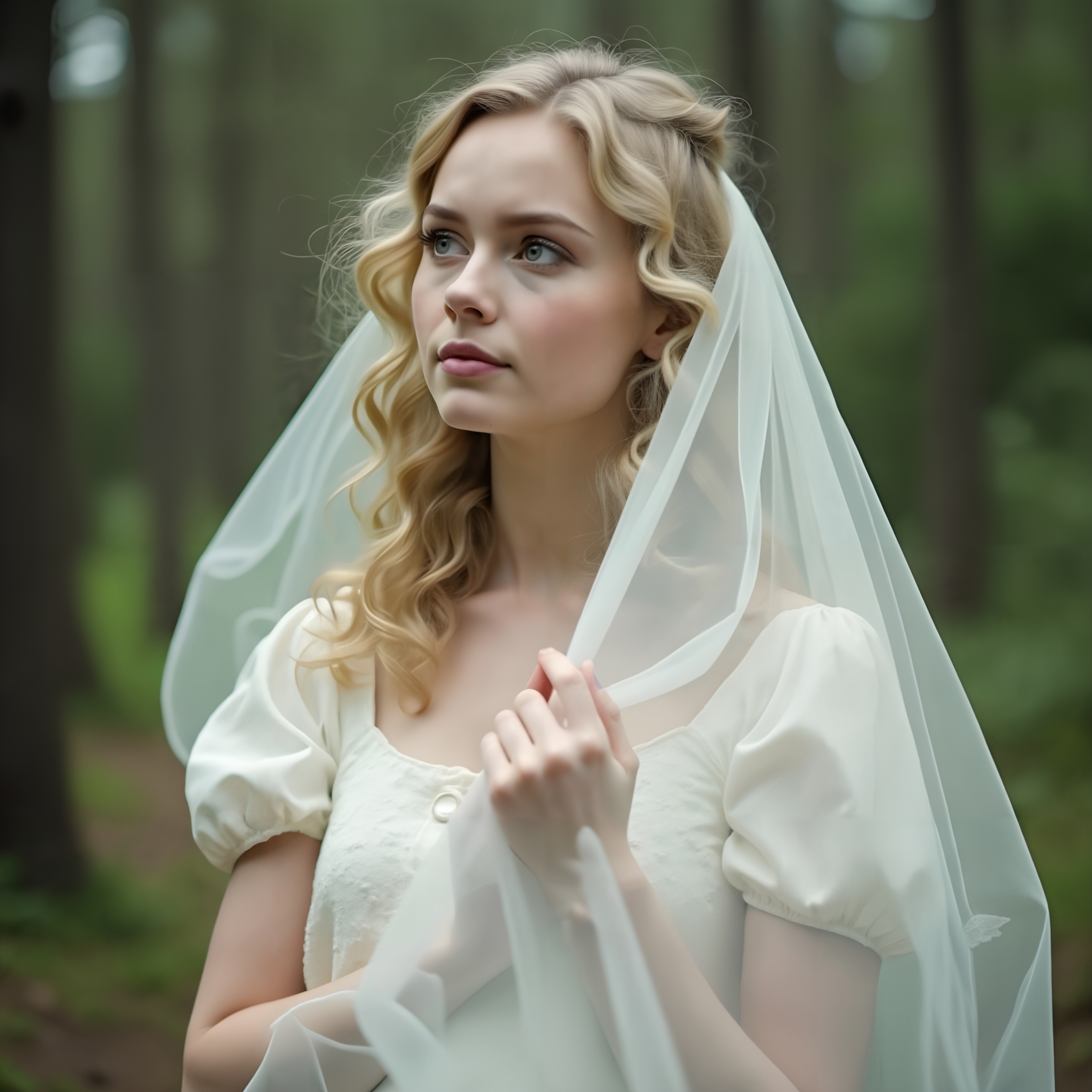 Young woman in white dress stands in forest wearing veil, exuding peaceful, ethereal elegance.