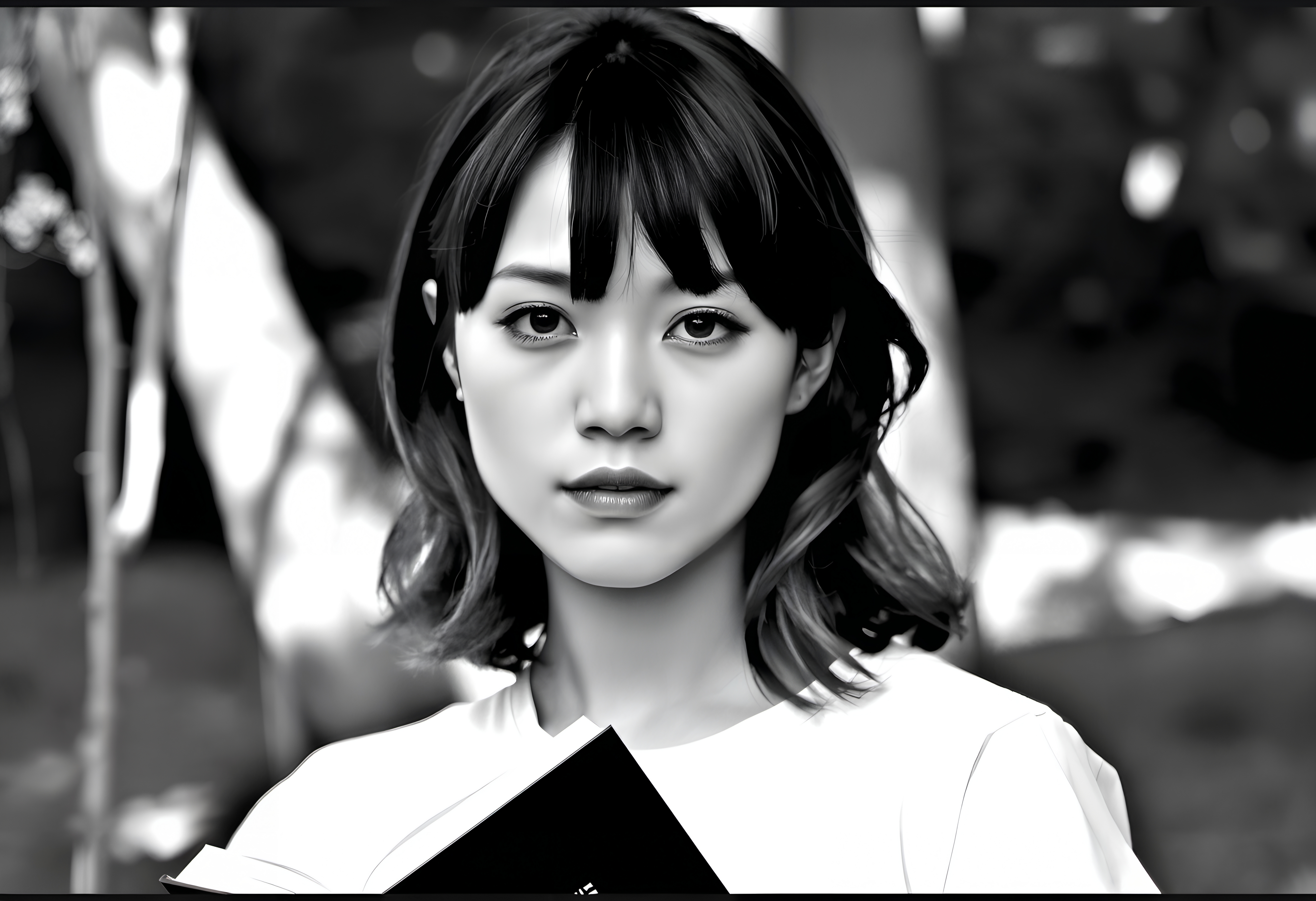 Black and white portrait of a woman holding a book outdoors.