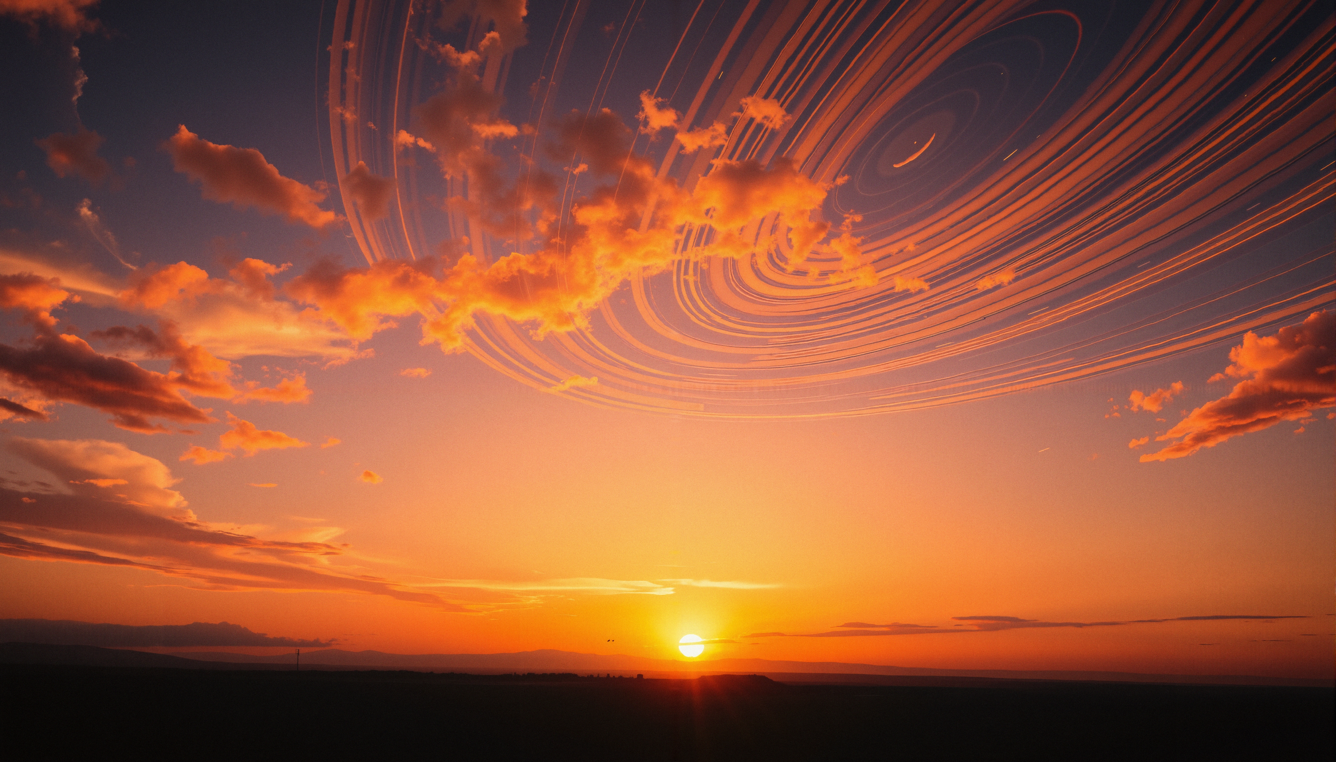 A stunning sunset with swirling star-like patterns in the colorful sky.