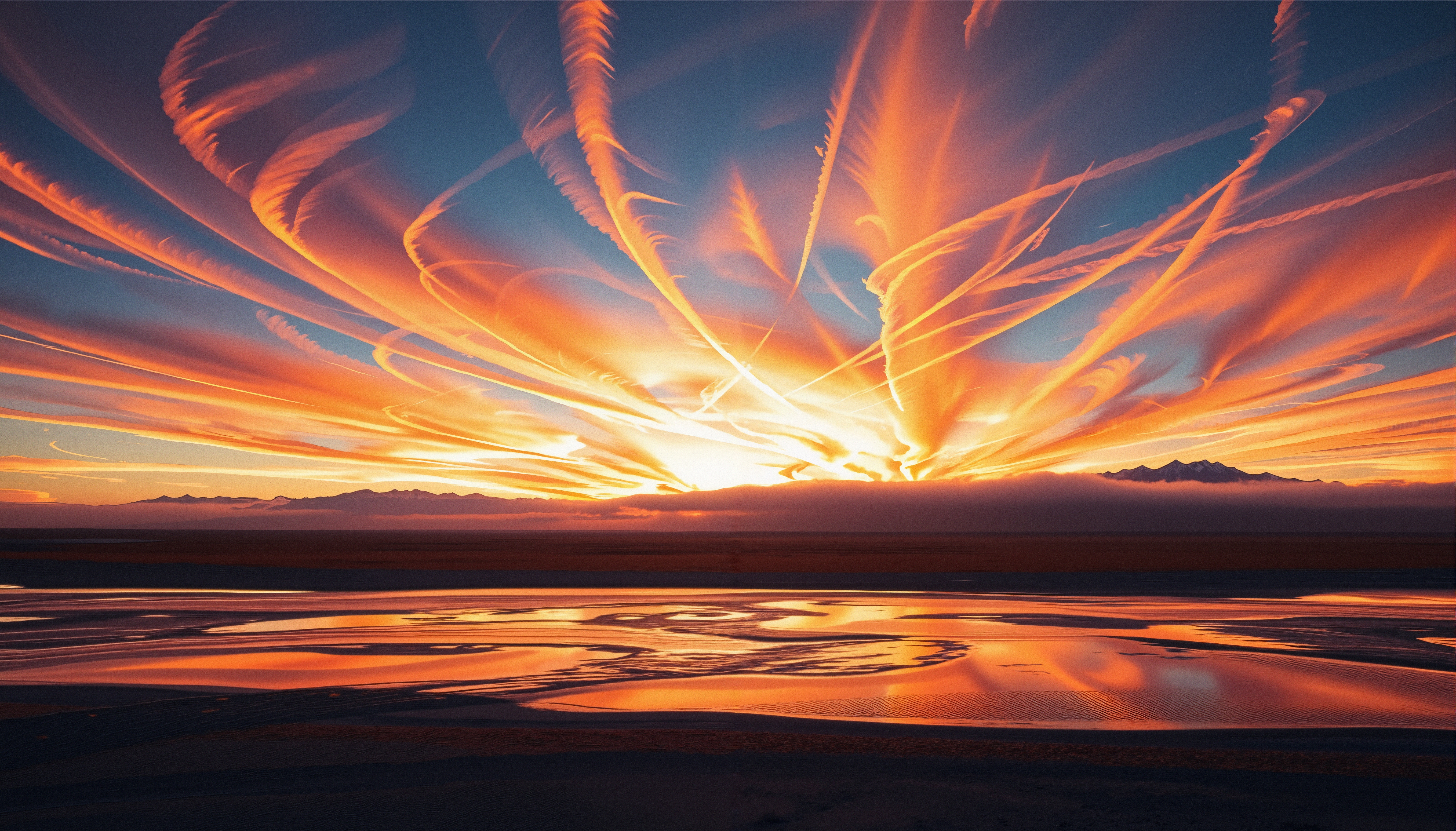 A colorful sunset with dramatic cloud formations reflecting in the water.