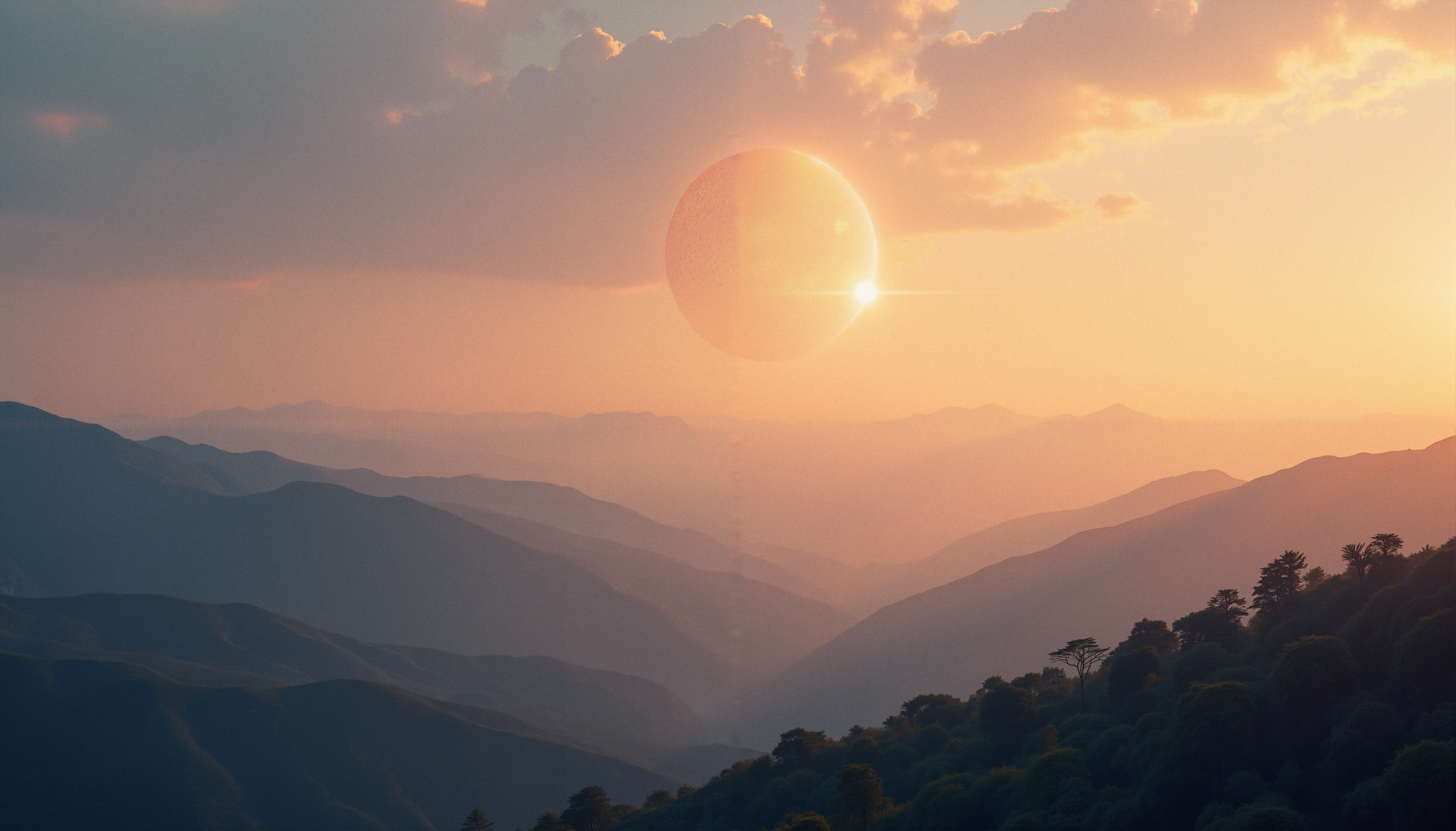 A surreal sunset landscape with layered mountains and a celestial body in the sky.
