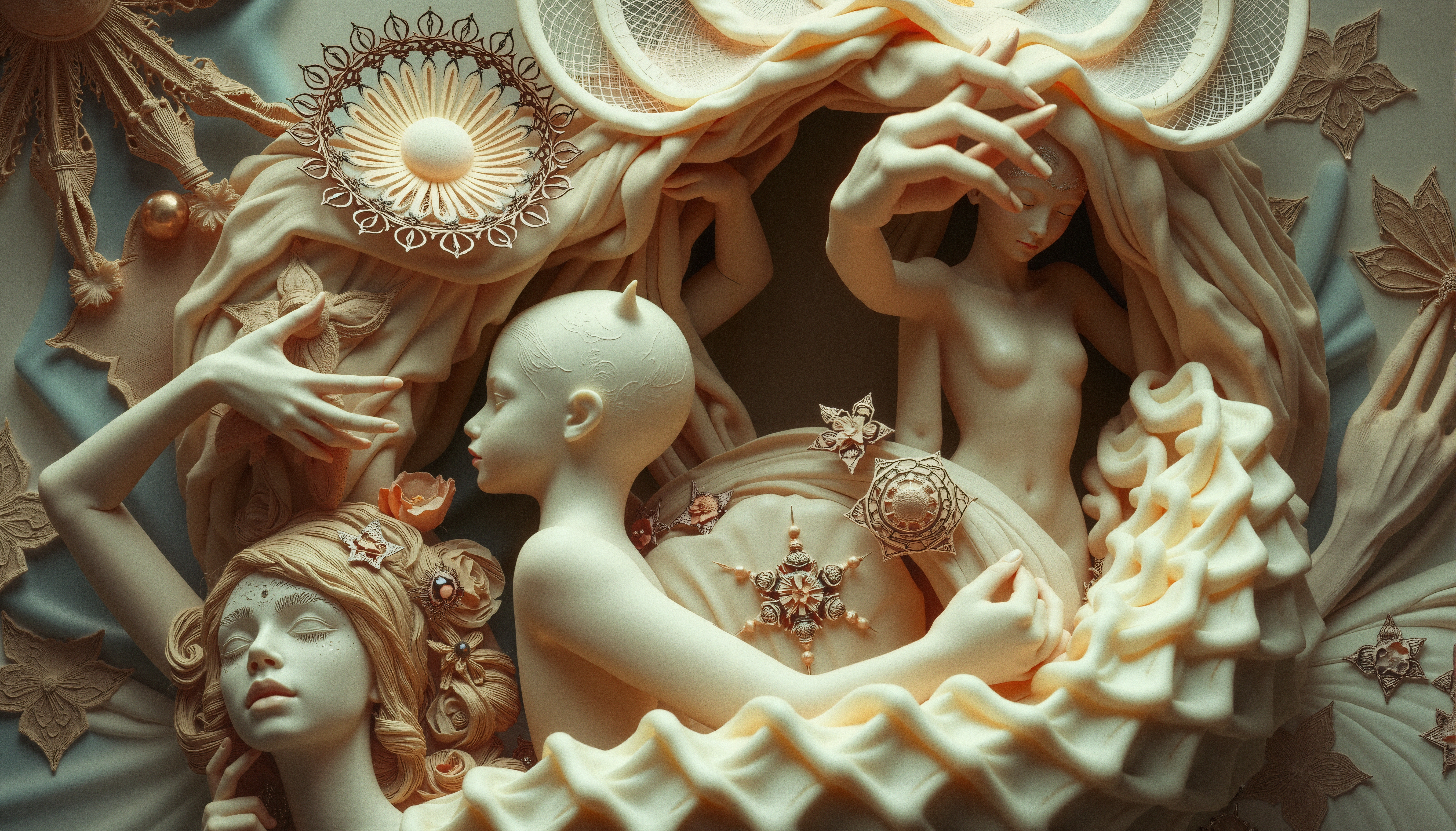 Detailed sculpture of elegant female figures with floral and celestial motifs, showcasing intricate craftsmanship.