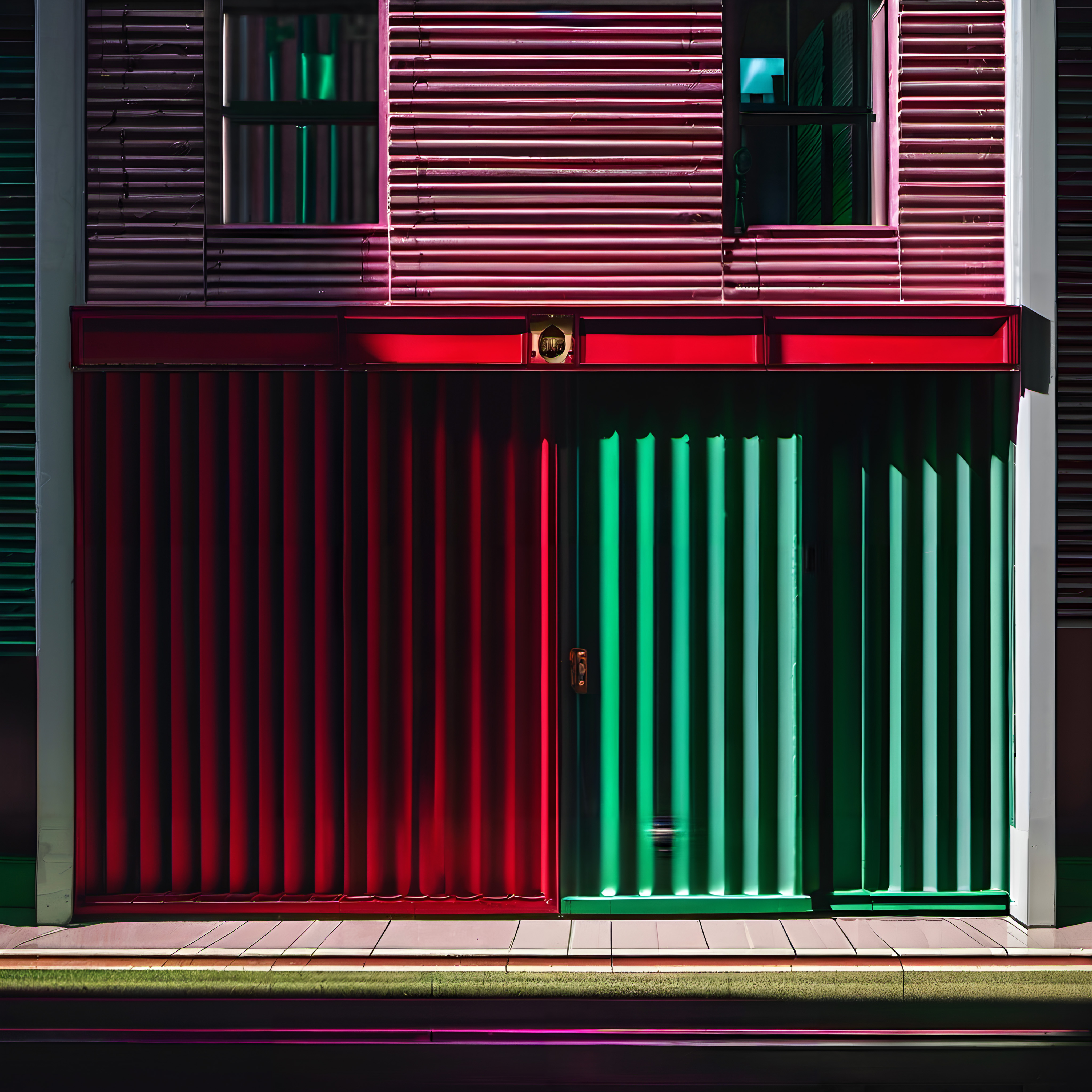 A modern facade with vibrant red and green panels, creating a striking architectural design.