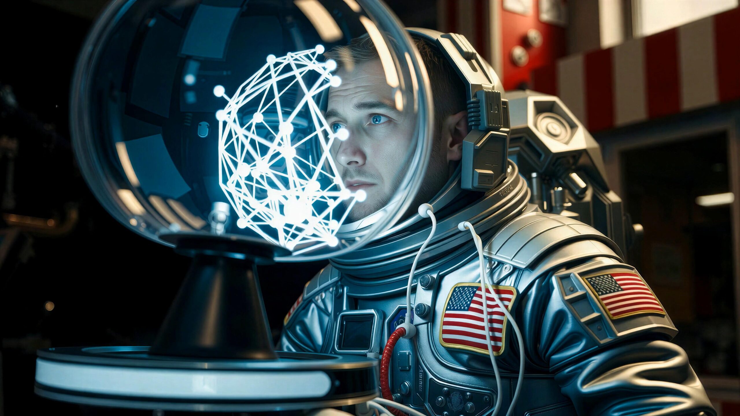 4K Video of an astronaut wearing USA spacesuit observing holographic planet model inside futuristic lab.