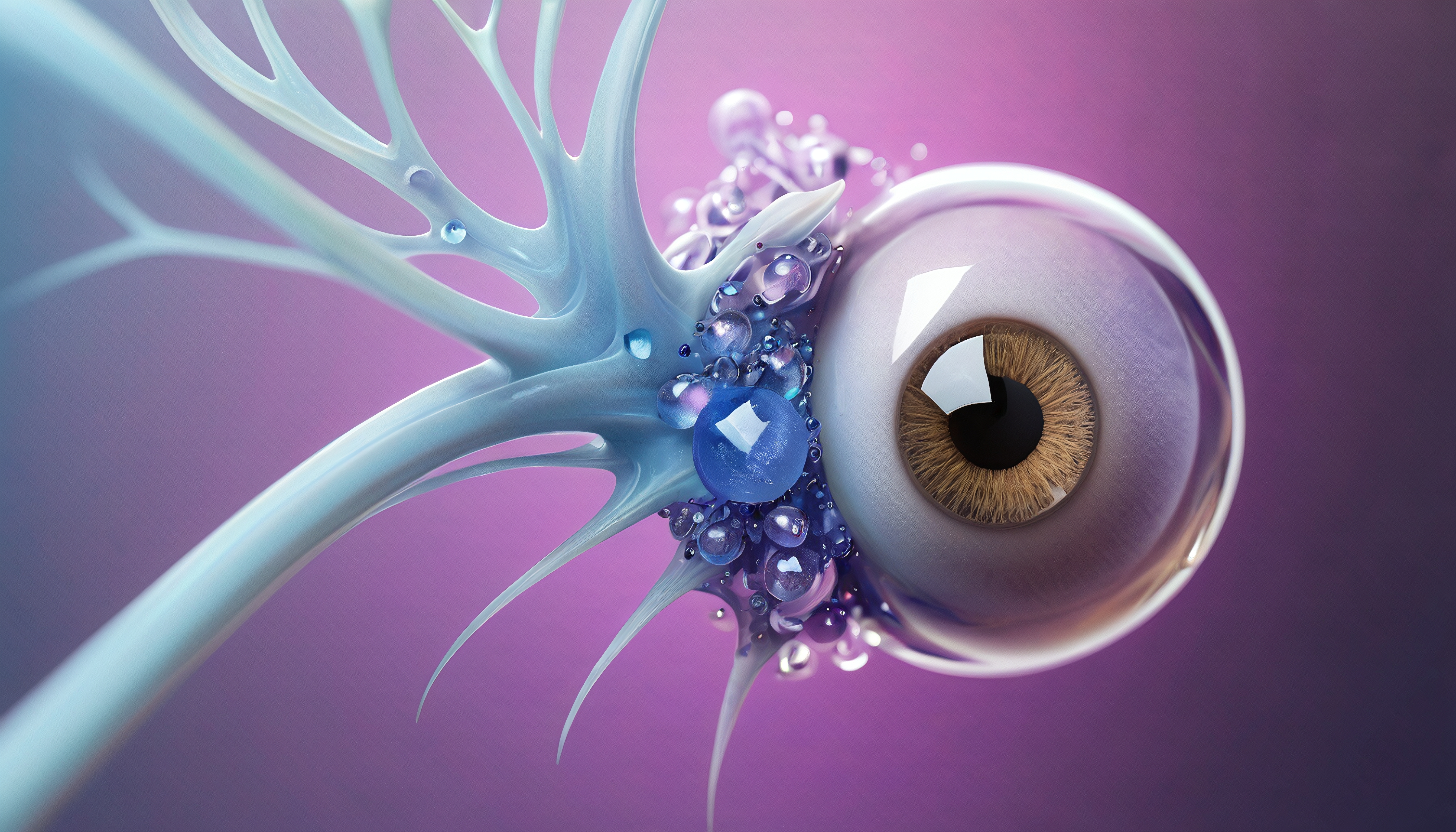 Surreal eye with neural tendrils and vibrant colors.