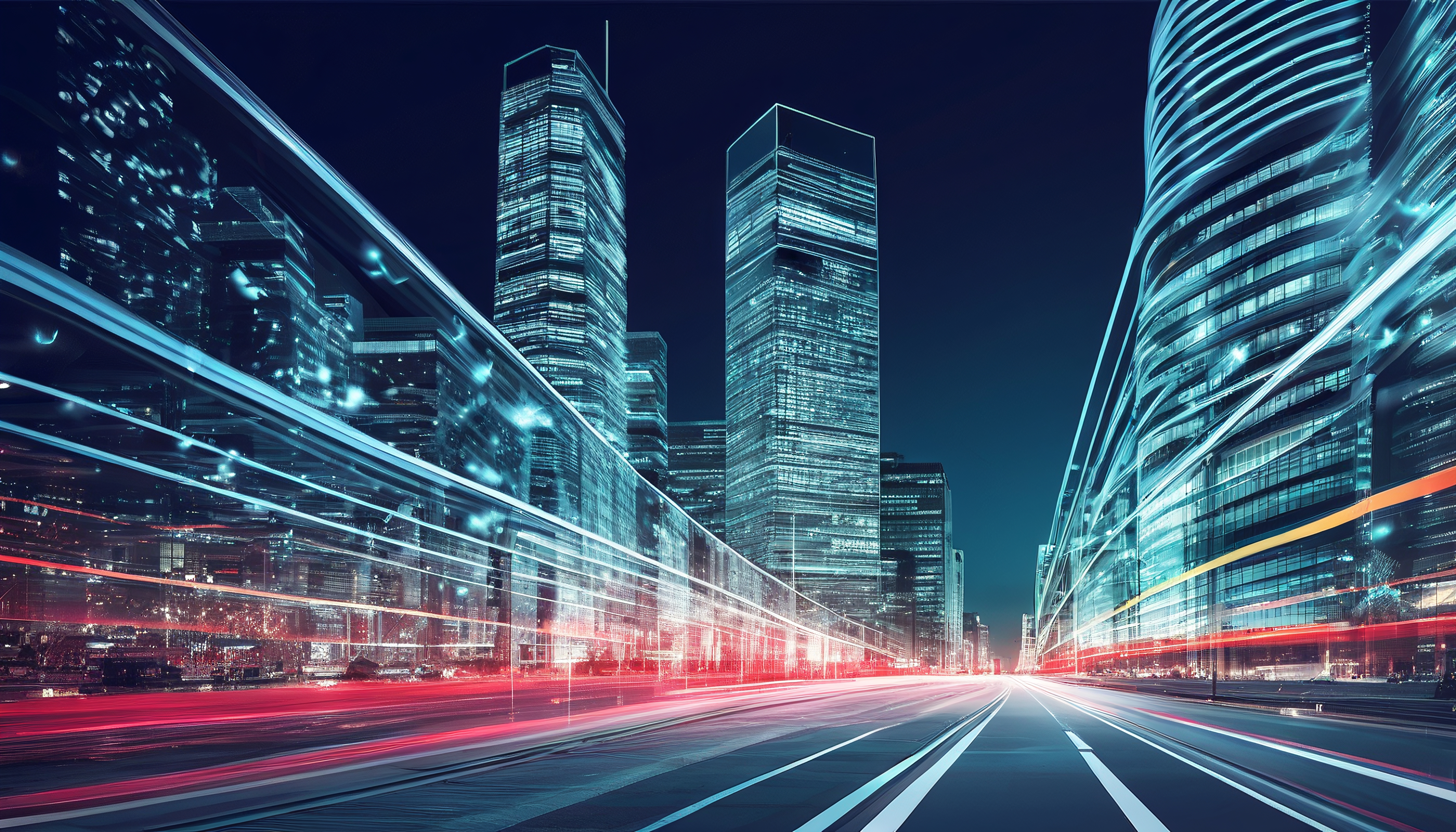 Futuristic cityscape with illuminated skyscrapers at night showing light trails and modern architecture.