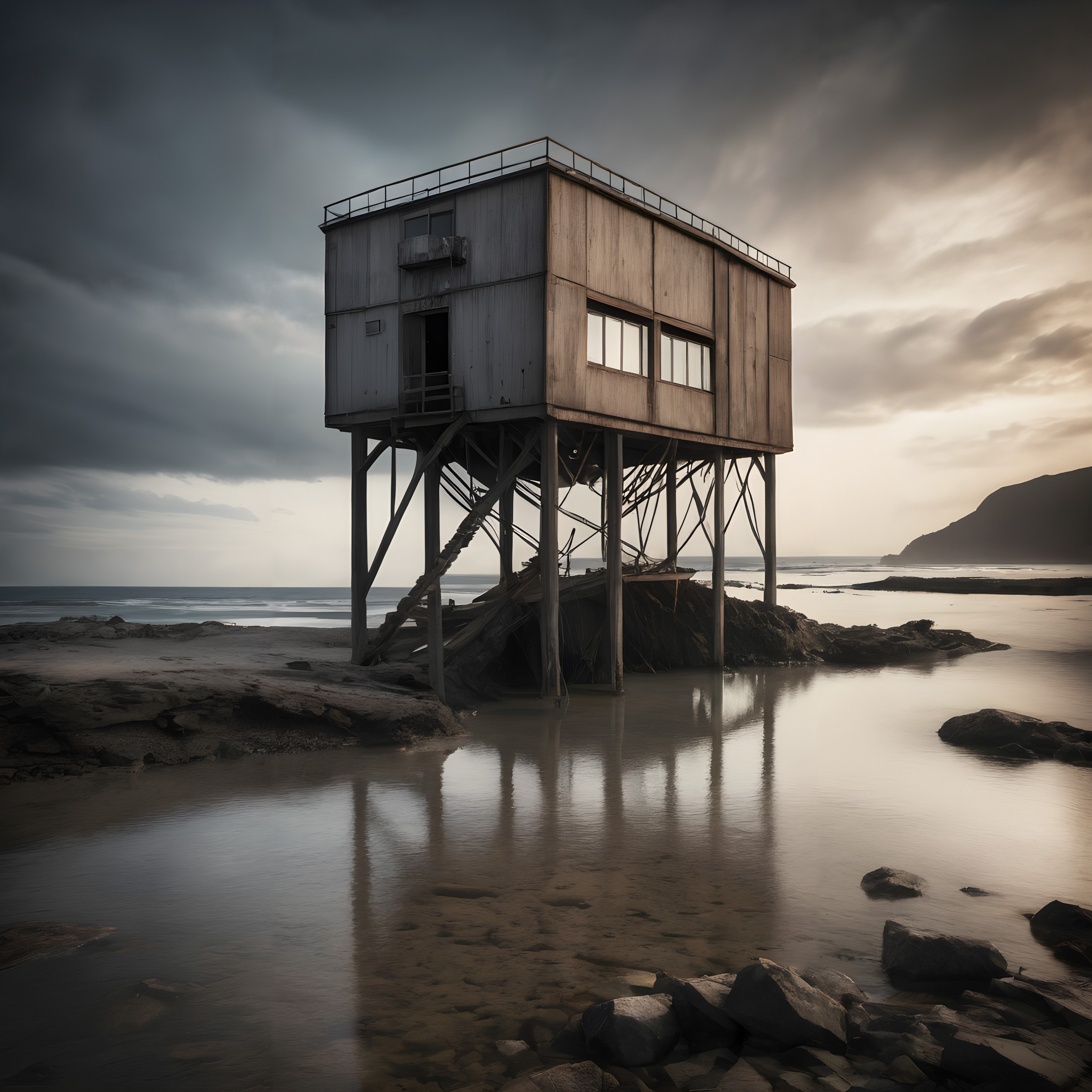 Solitary Stilt House by Calm Waters Under a Moody Overcast Sky